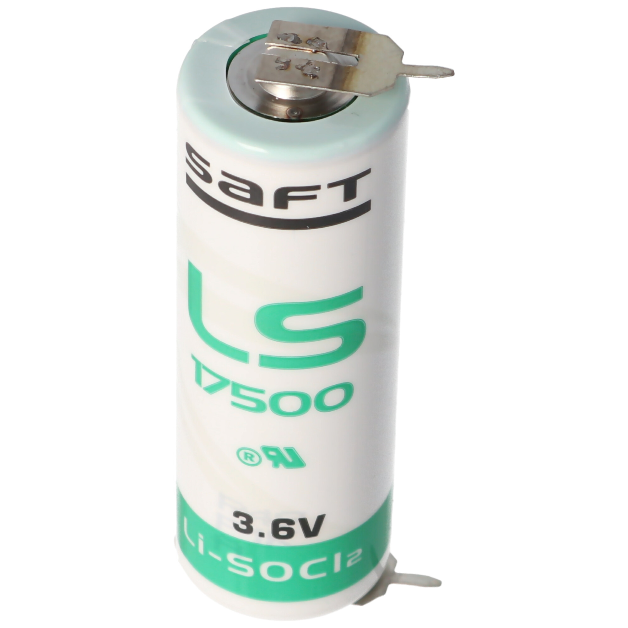 Weiße Batterie mit grünen Markierungen, 3,6V, Li-SOCl2, Saft LS D500.