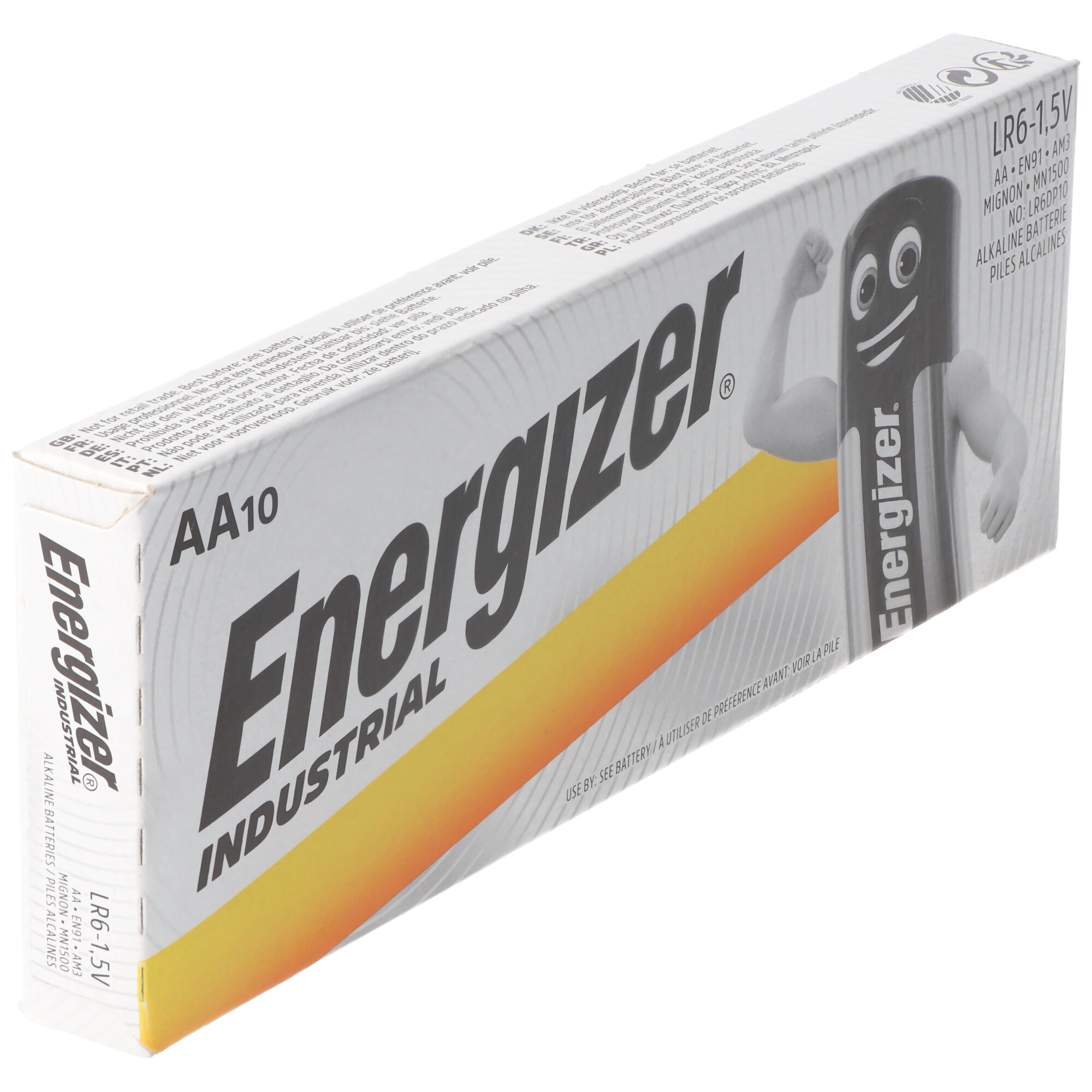 Verpackung von Energizer AA Batterien mit Comic-Figur und Warnhinweisen.