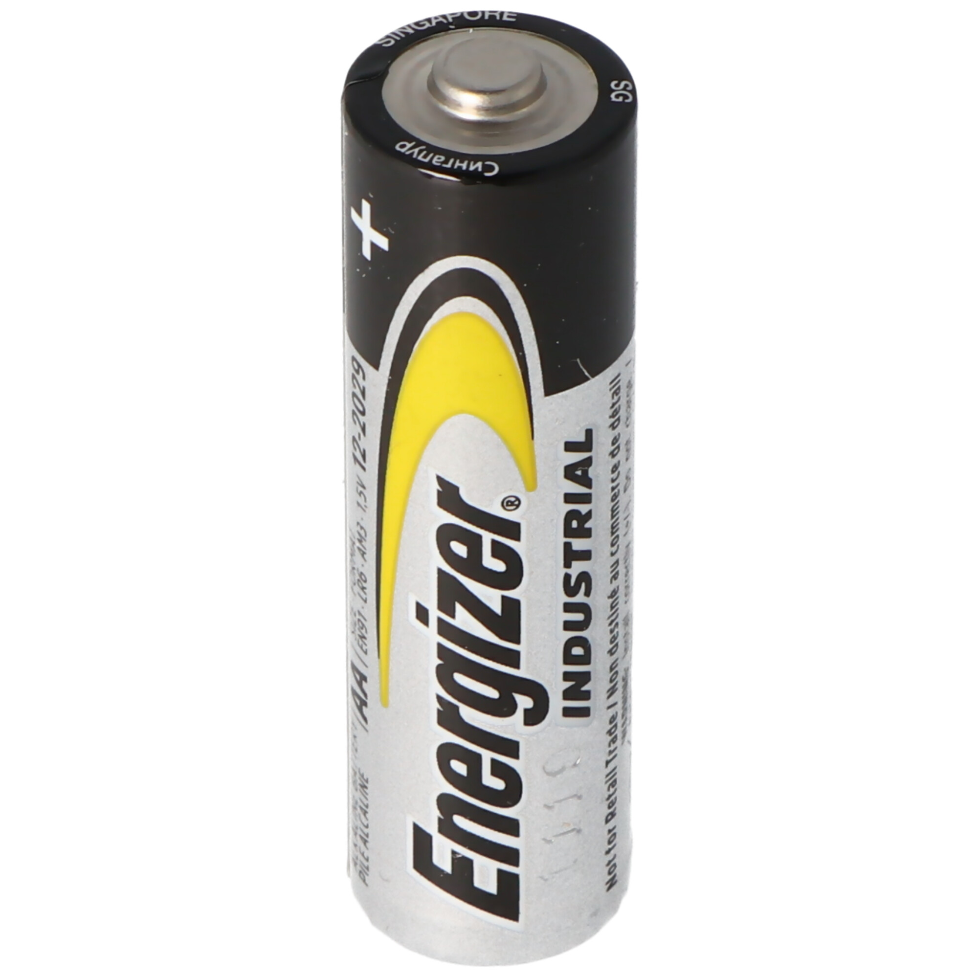 Eine AA-Batterie von Energizer Industrial mit schwarzem und silbernem Gehäuse.