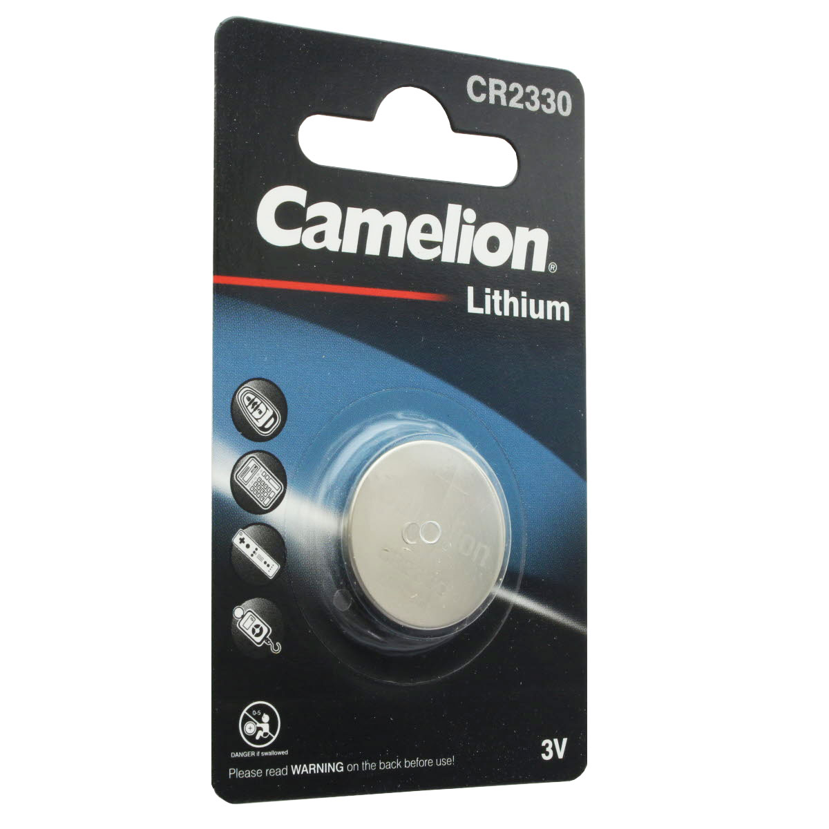 Batteria al litio Camelion CR2330 in blister con avvertenze.