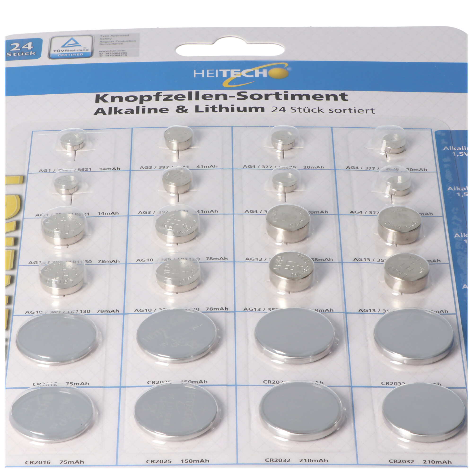 Verpackung mit 24 Knopfzellen-Batterien, Alkali & Lithium, sortiert.