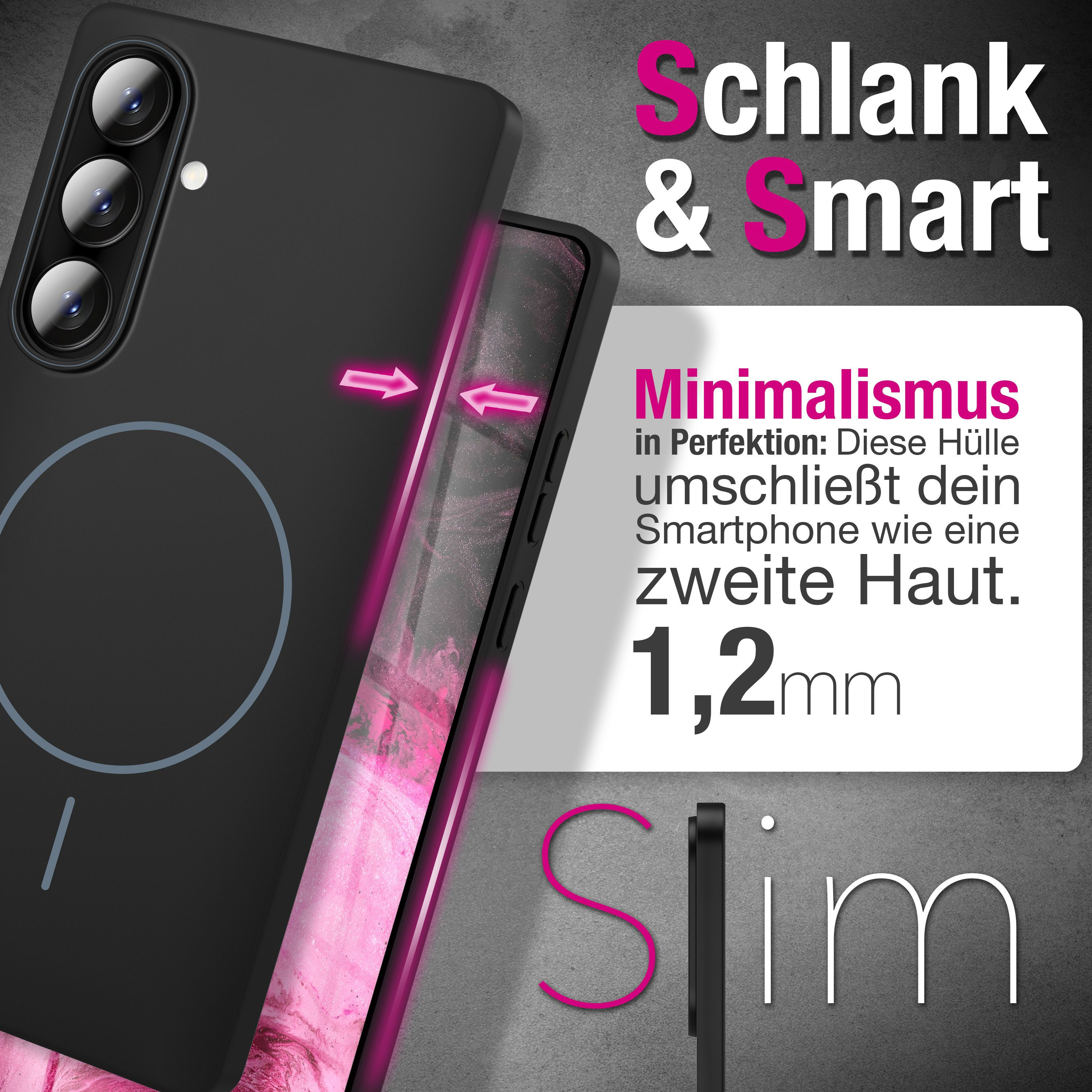 Coque de téléphone noire avec accents roses et texte sur le minimalisme et l'épaisseur.