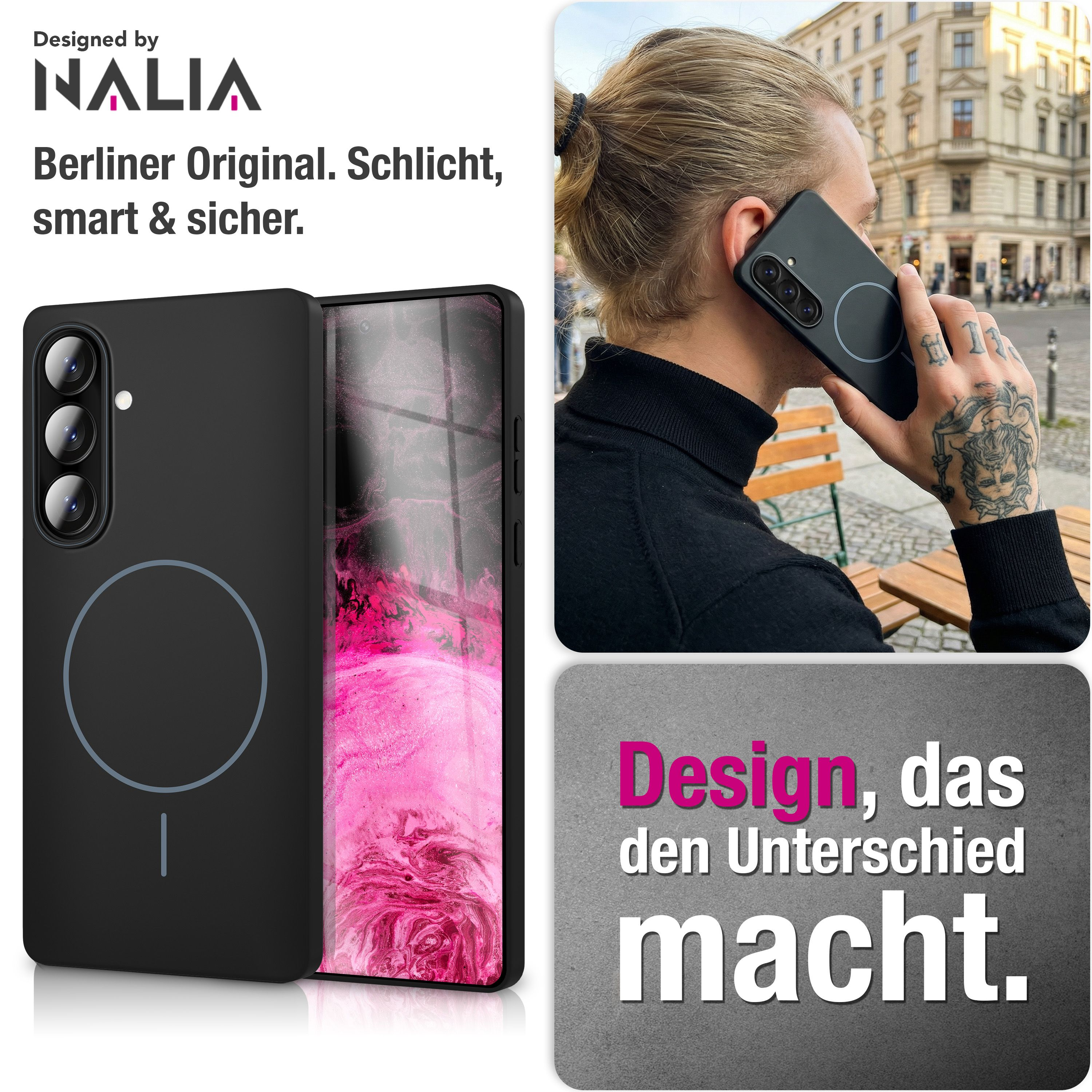Coque de téléphone noire avec motif rose sur l'écran, personne au téléphone.