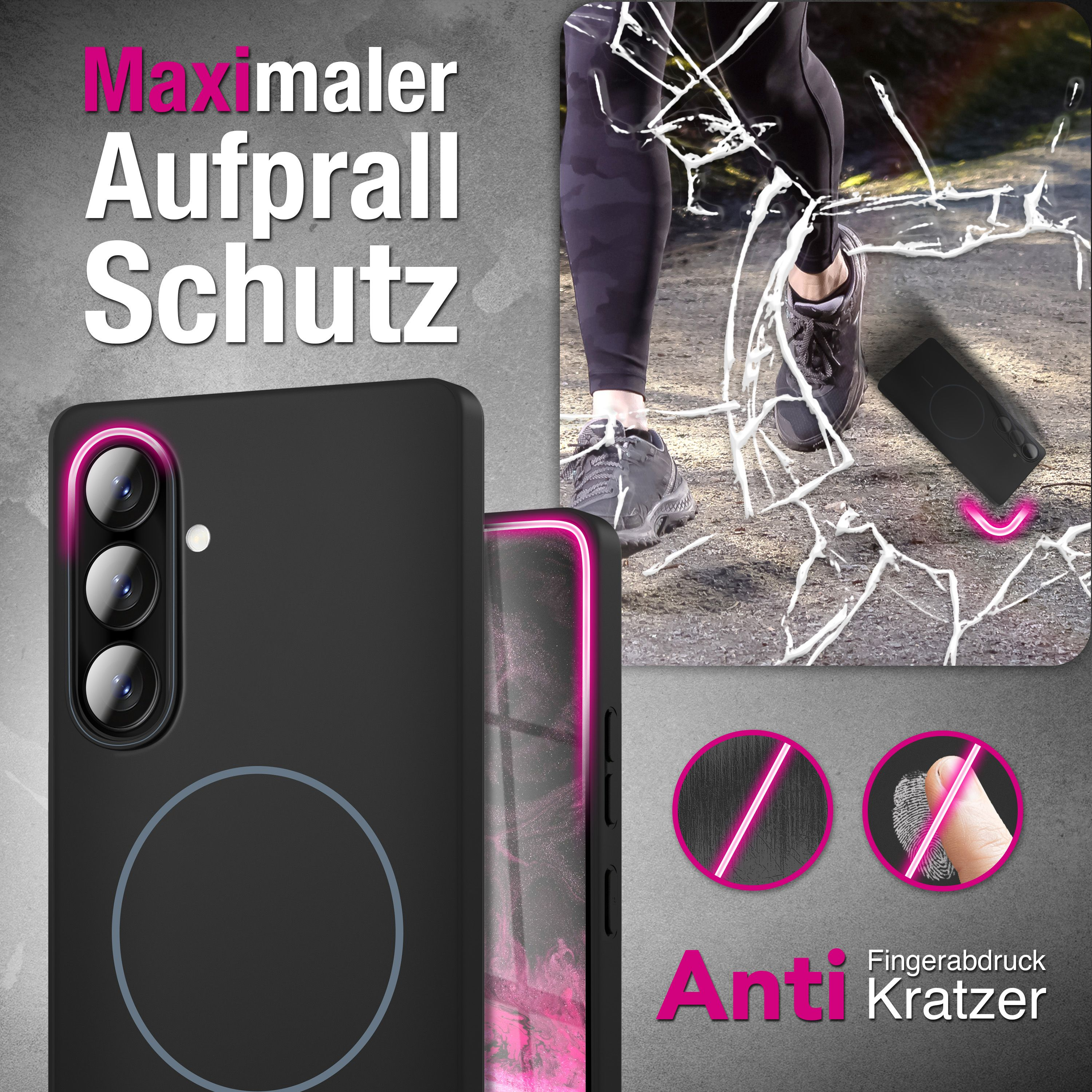 Coque de téléphone noire avec appareils photo devant du verre brisé.