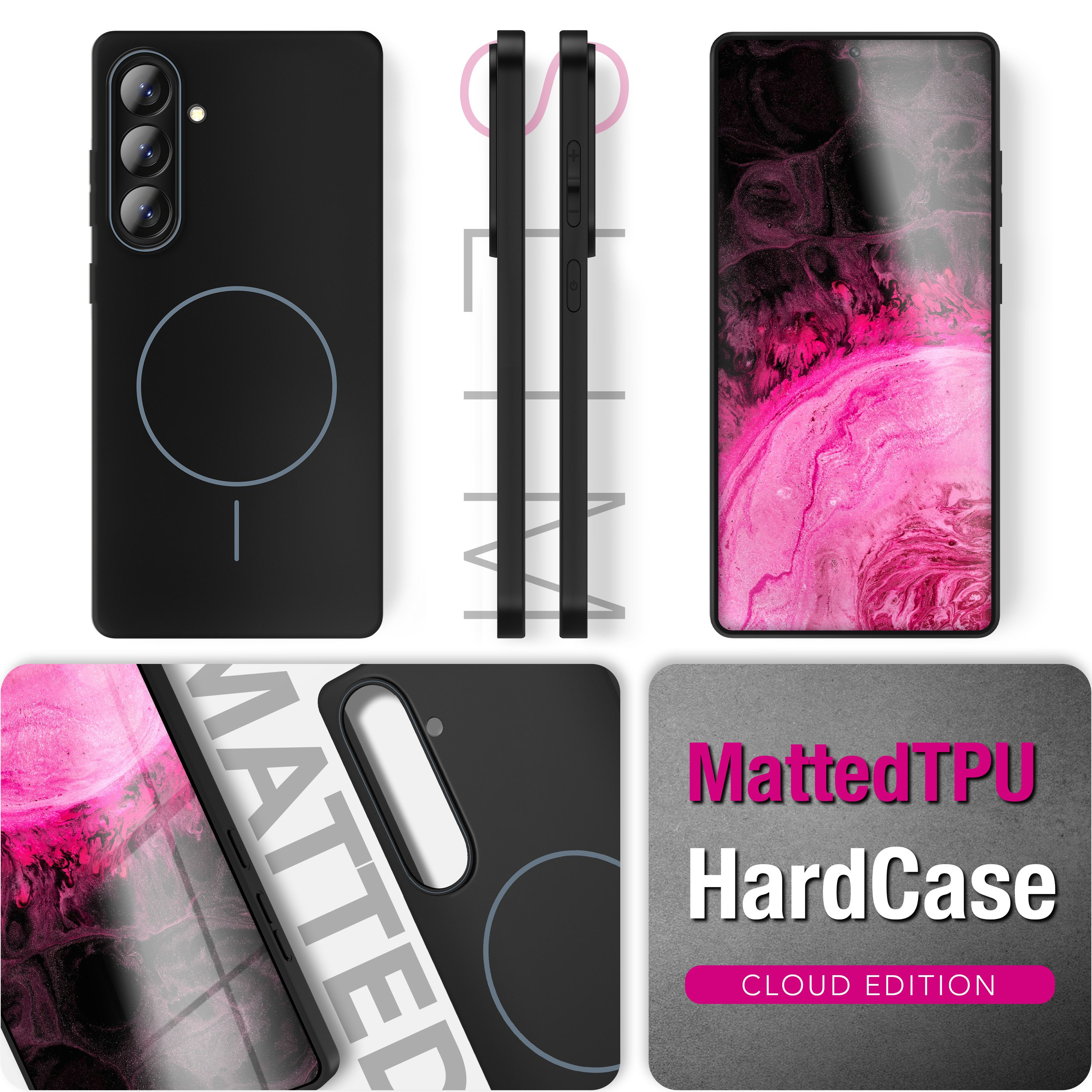 Coque de téléphone noire avec 3 caméras, anneau magnétique et incrustation marbre rose.
