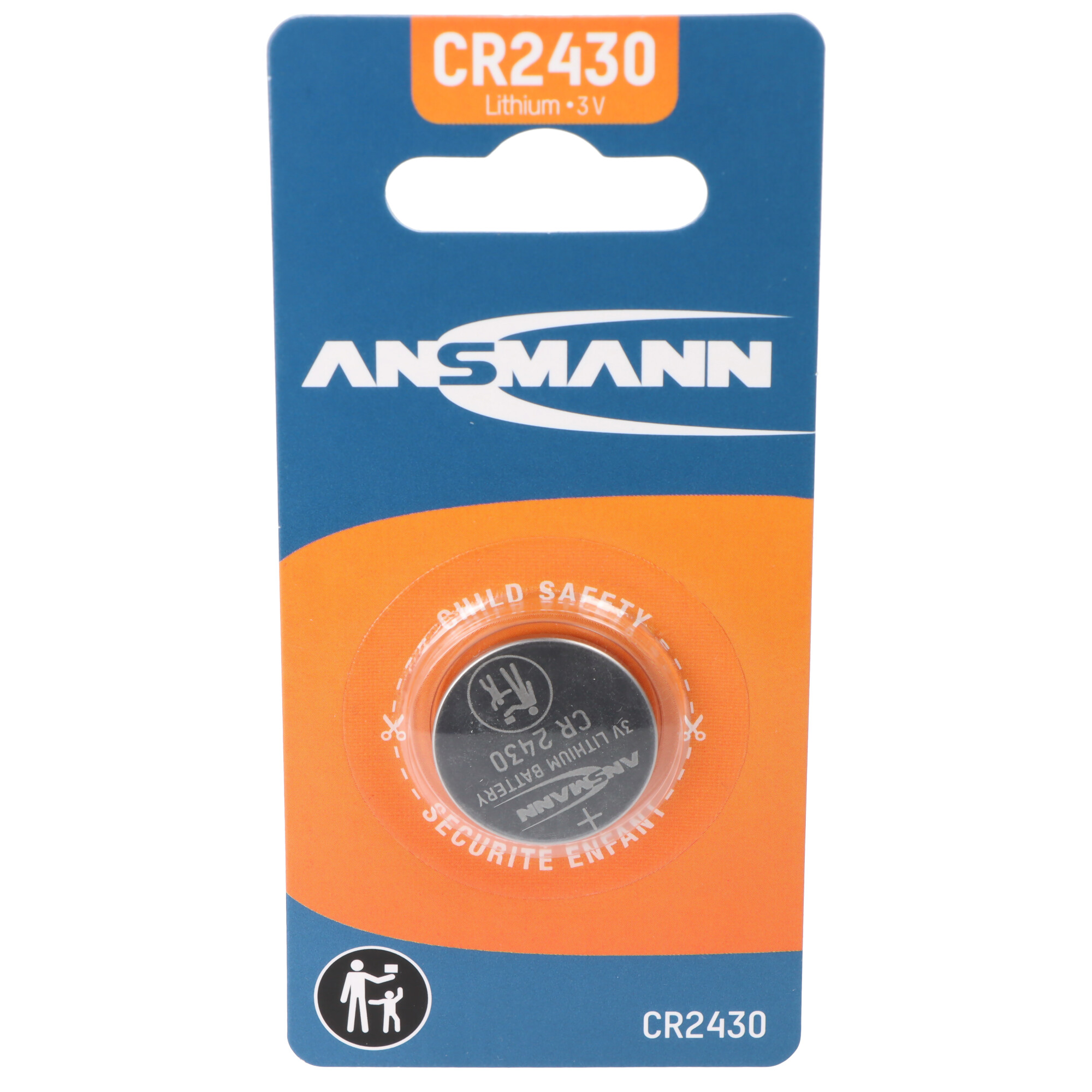 Packung mit einer CR2430 Lithium-Batterie von Ansmann mit Kindersicherheits-Symbol.
