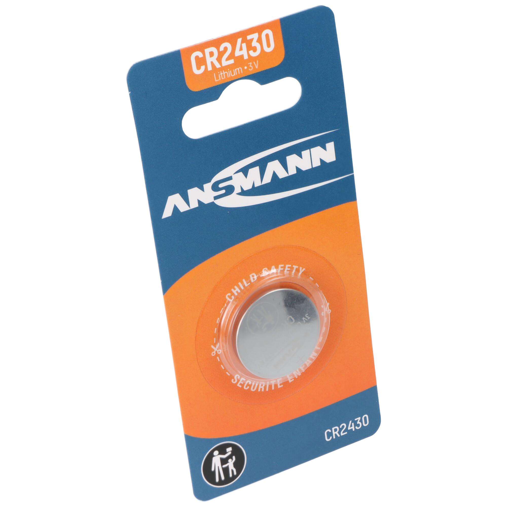 ANSMANN CR2430 Lithium-Batterie in Blisterverpackung mit Kindersicherheitsmerkmal.