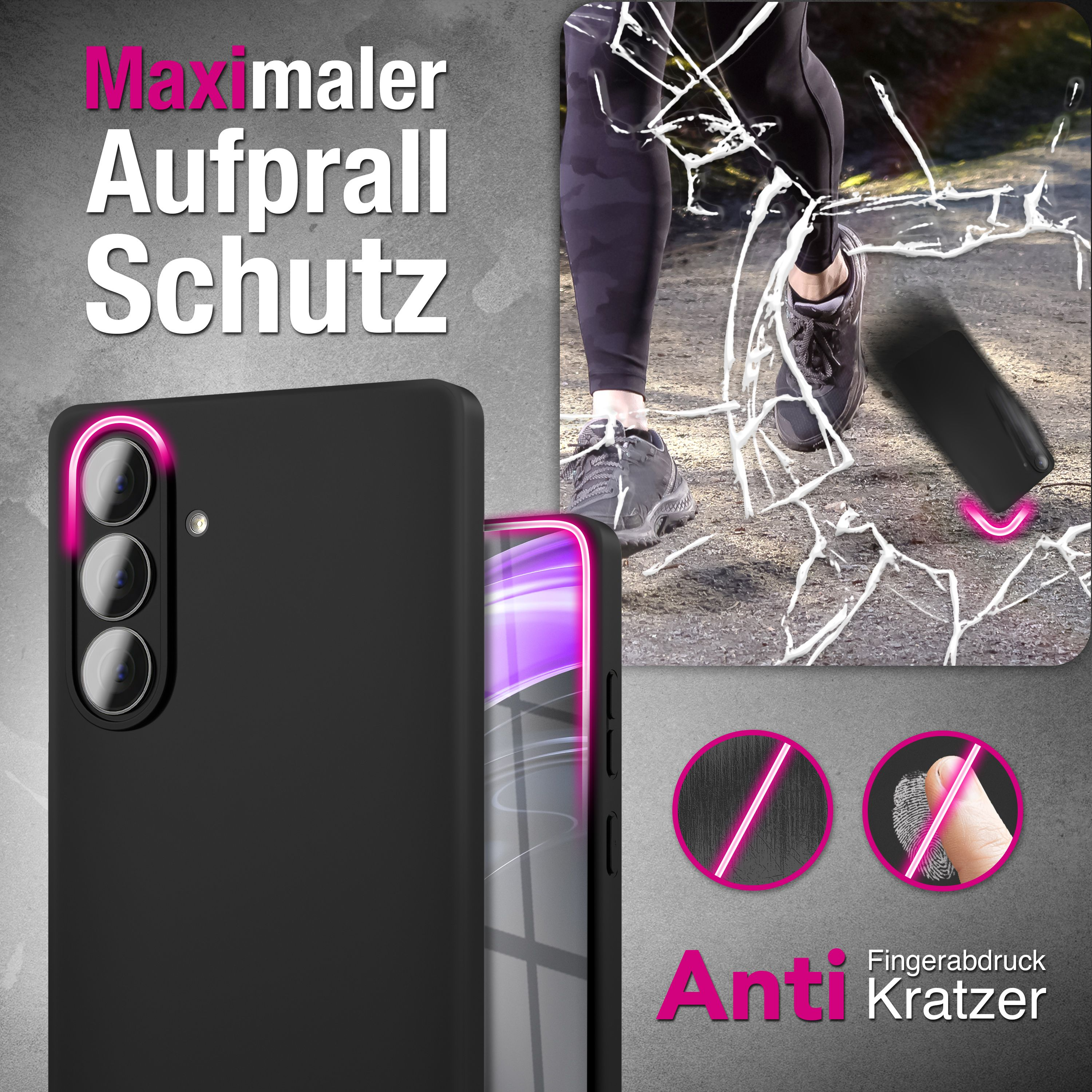 Schwarze Handyhülle mit Kamera, fallendes Handy, zersplittertes Glas.