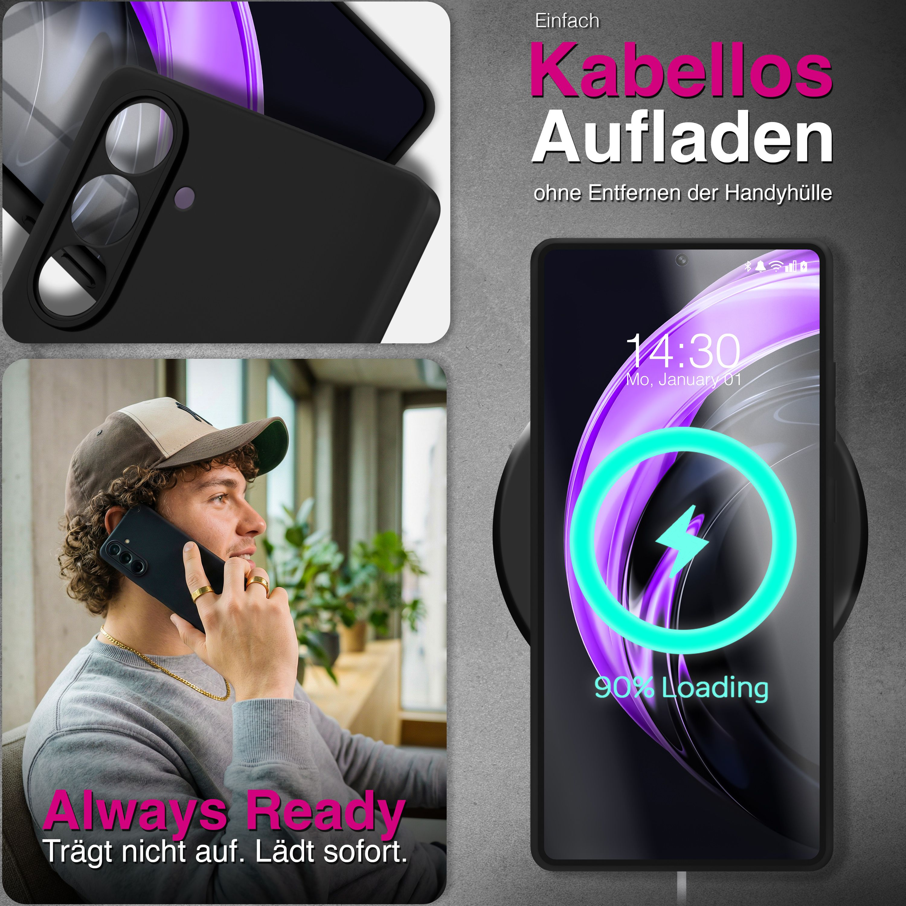 Mann telefoniert mit Handy, das kabellos geladen wird. Text: Immer bereit.