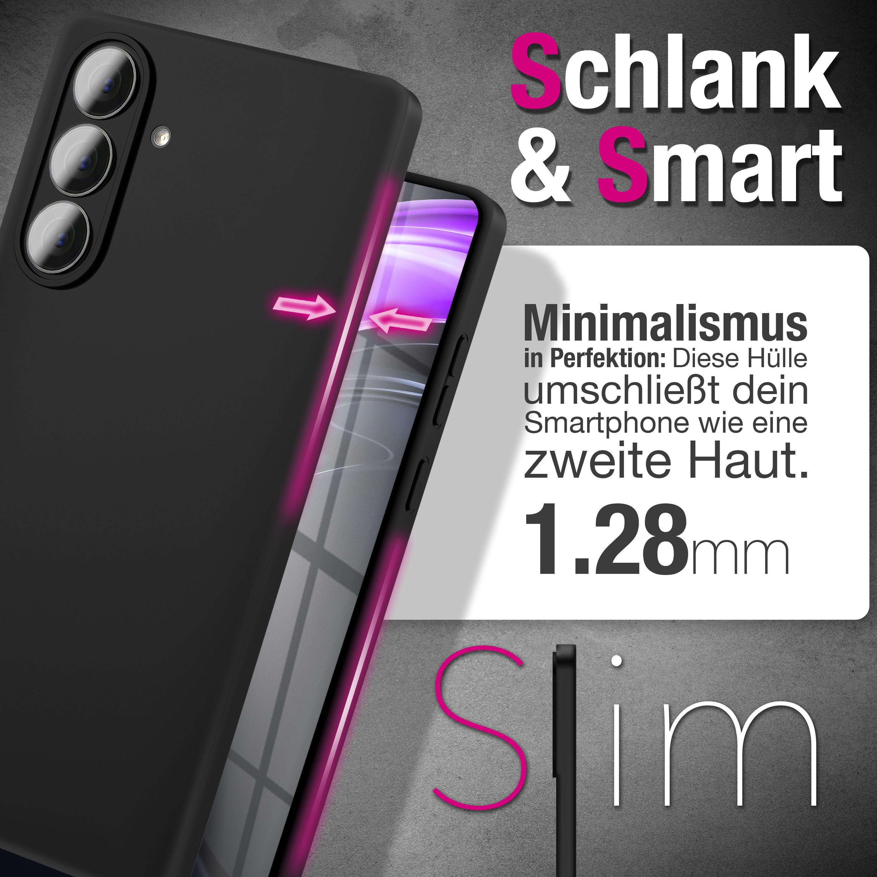 Schlanke schwarze Handyhülle mit Aufschrift 'Schlank & Smart'.