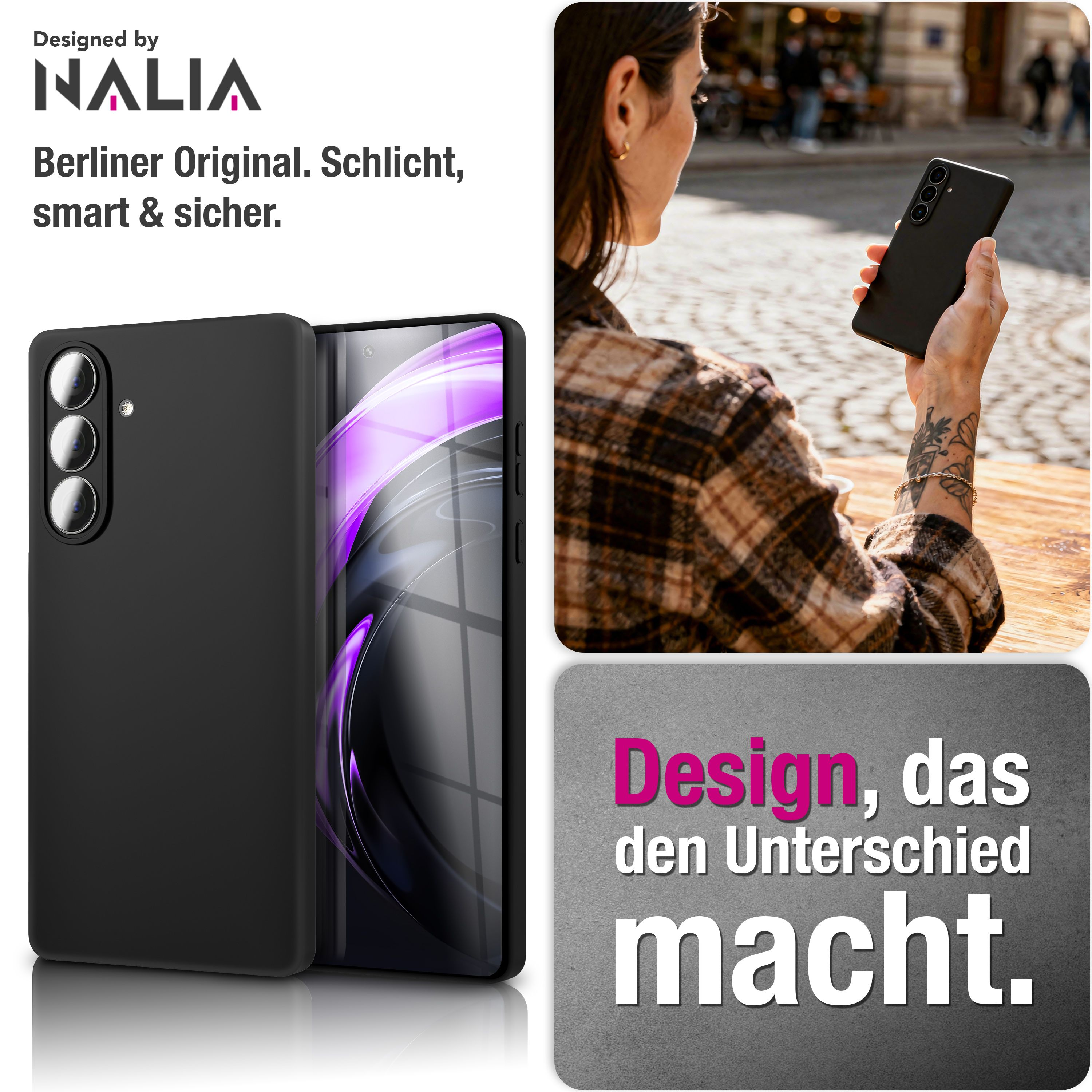 Schwarzes Handy mit drei Kameras, gehalten von einer Frau mit Tattoo.