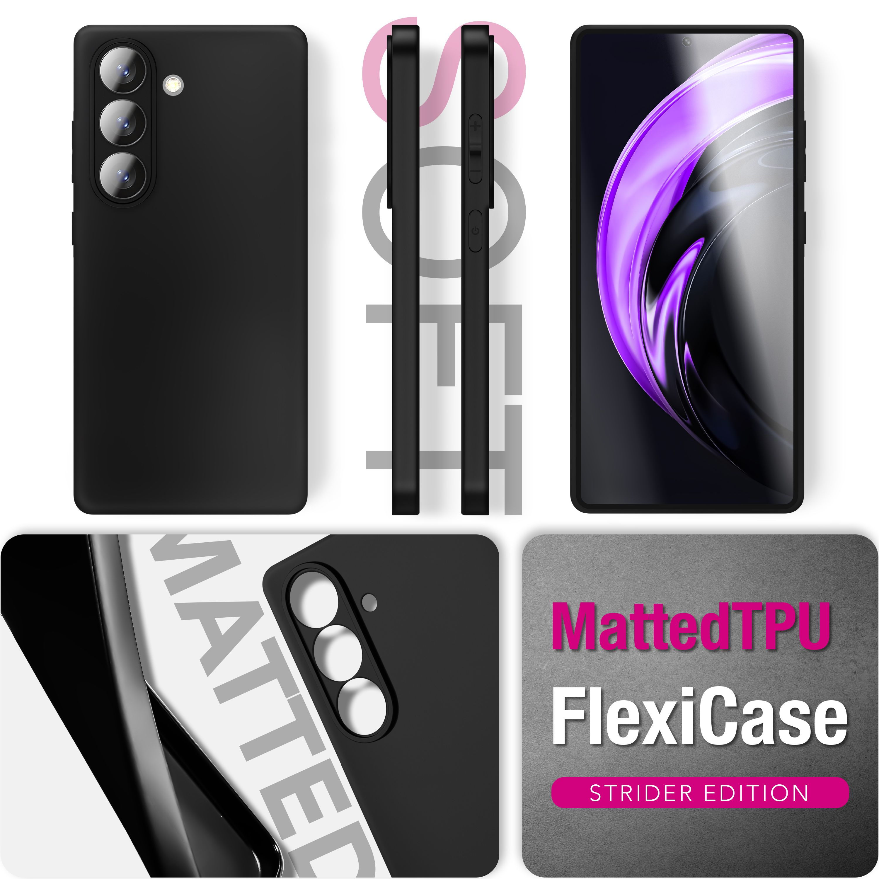 Schwarzes Handy mit drei Kameras, Seitenansicht und Text 'Matt TPU FlexiCase'.