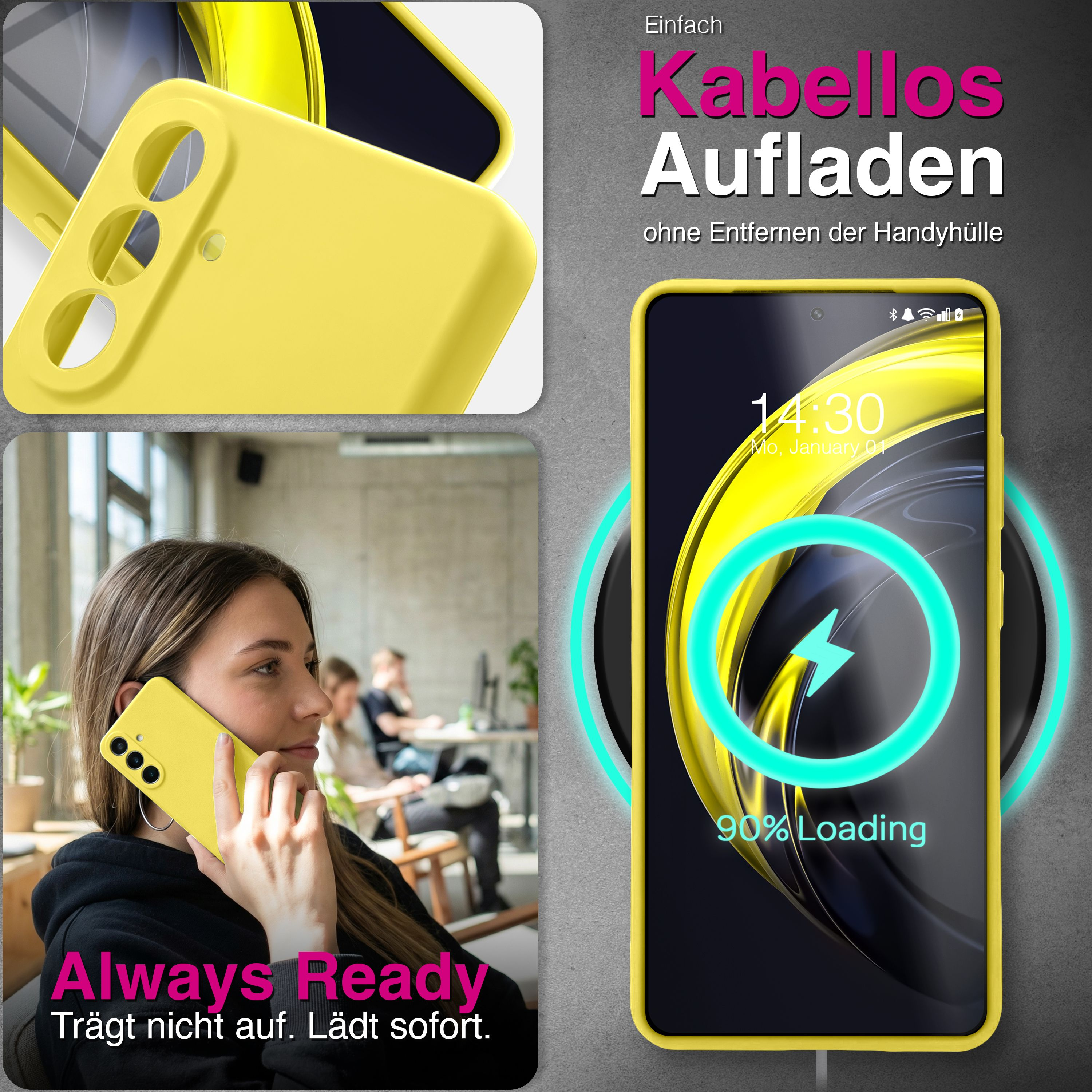 Gelbes Handy mit Ladeanzeige und Frau, die telefoniert.