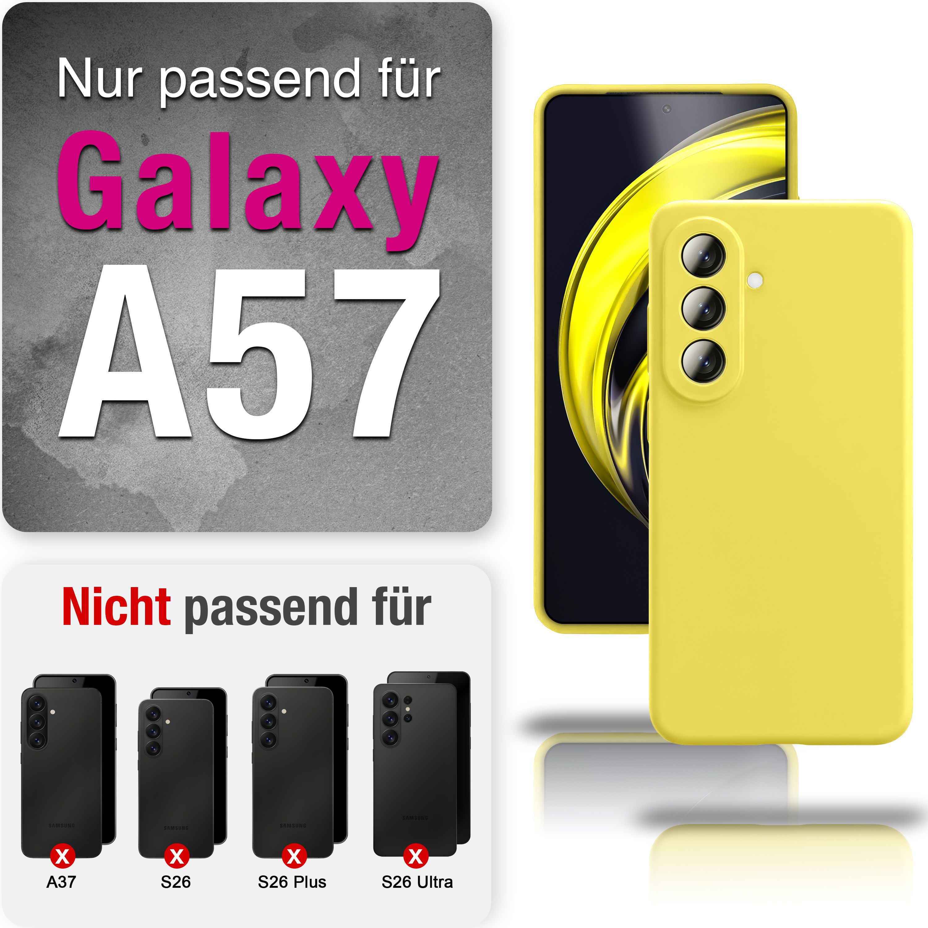 Gelbe Handyhülle für Samsung Galaxy A57. Nicht für A37, S26, S26 Plus, S26 Ultra.