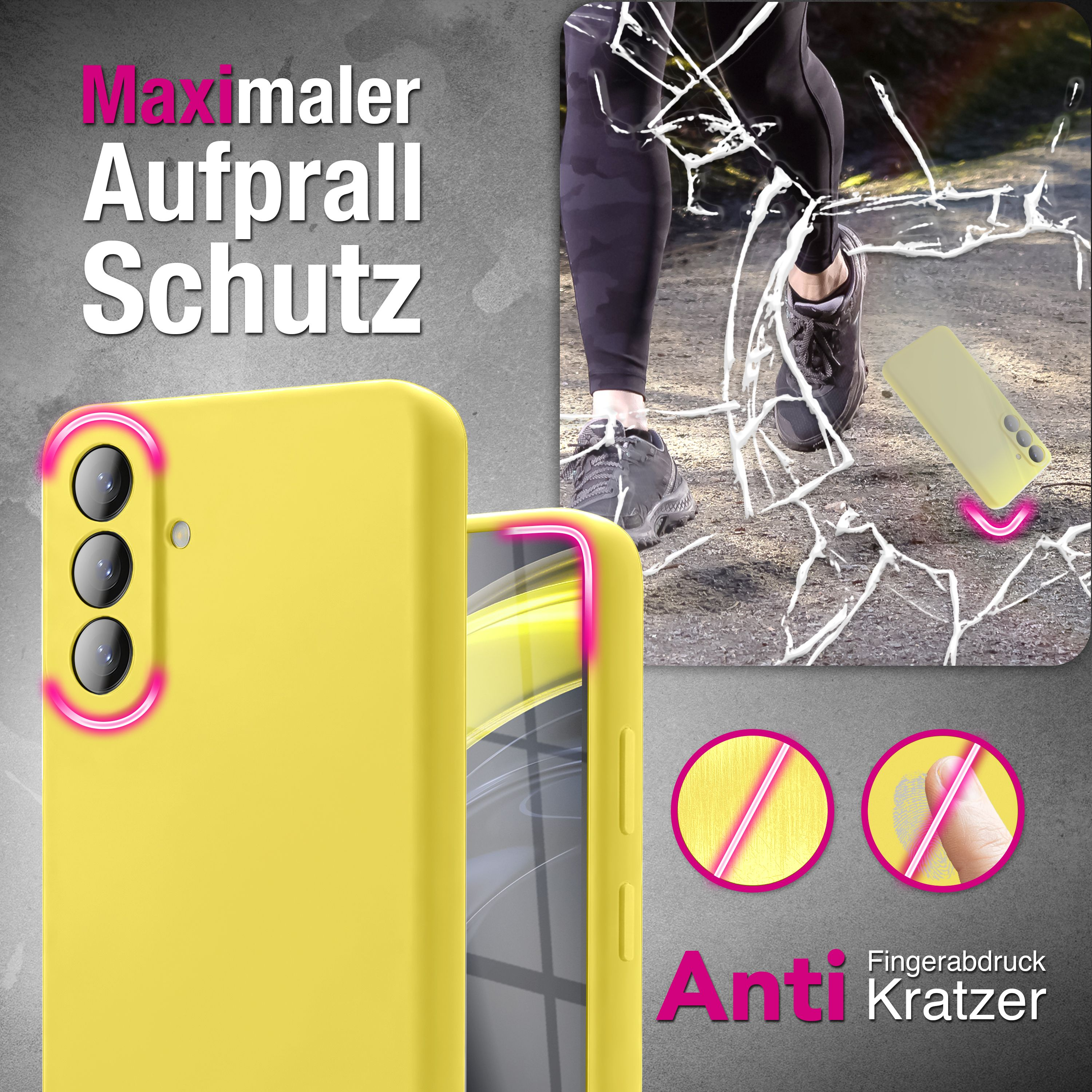 Gelbe Handyhülle mit Kameras, auf zerkratztem Untergrund, mit Text.