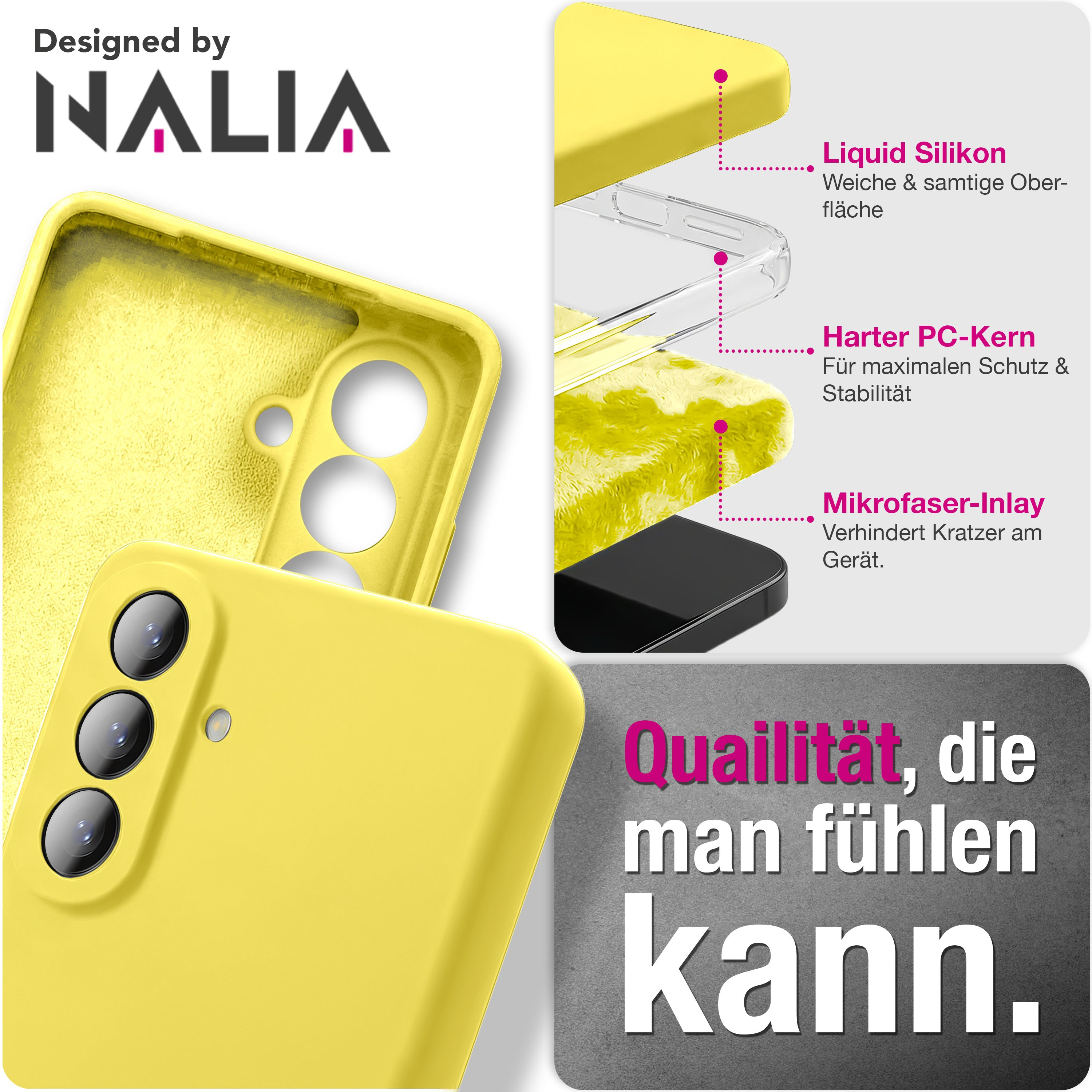 Gelbe Handyhülle mit Nalia Logo, zeigt Schutzschichten: Silikon, PC-Kern, Mikrofaser.