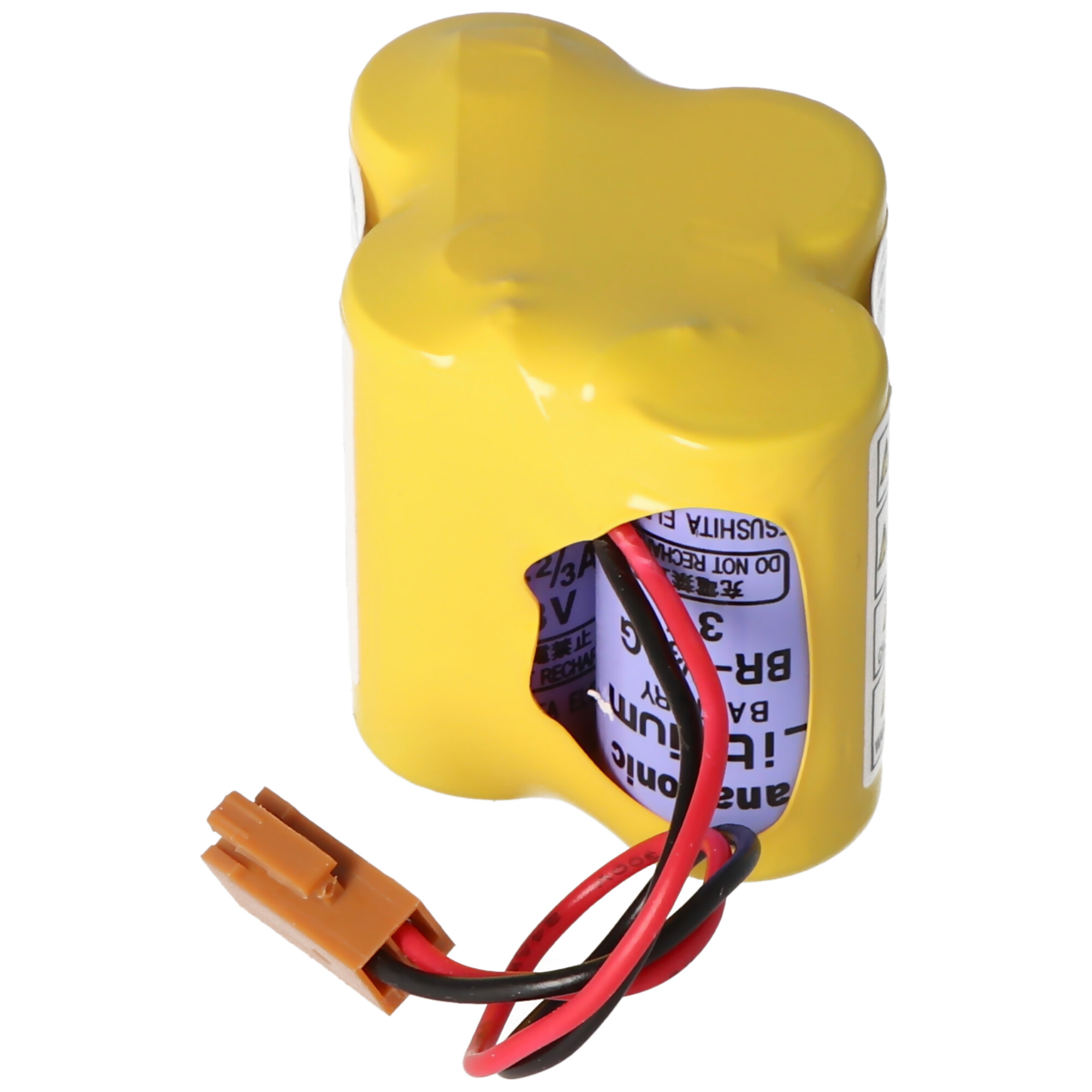 Ein gelber Akku mit roten und schwarzen Kabeln und einem braunen Stecker.