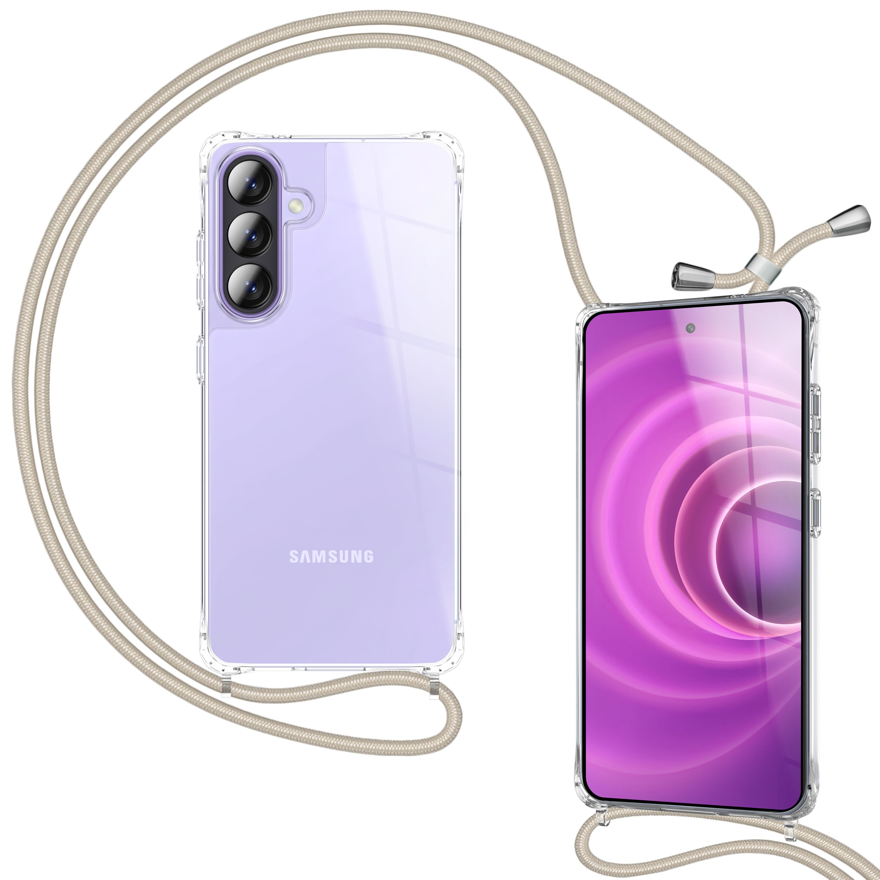 Ein durchsichtiges Samsung Handy mit einer Schnur dran, mit weißen Hintergrund.