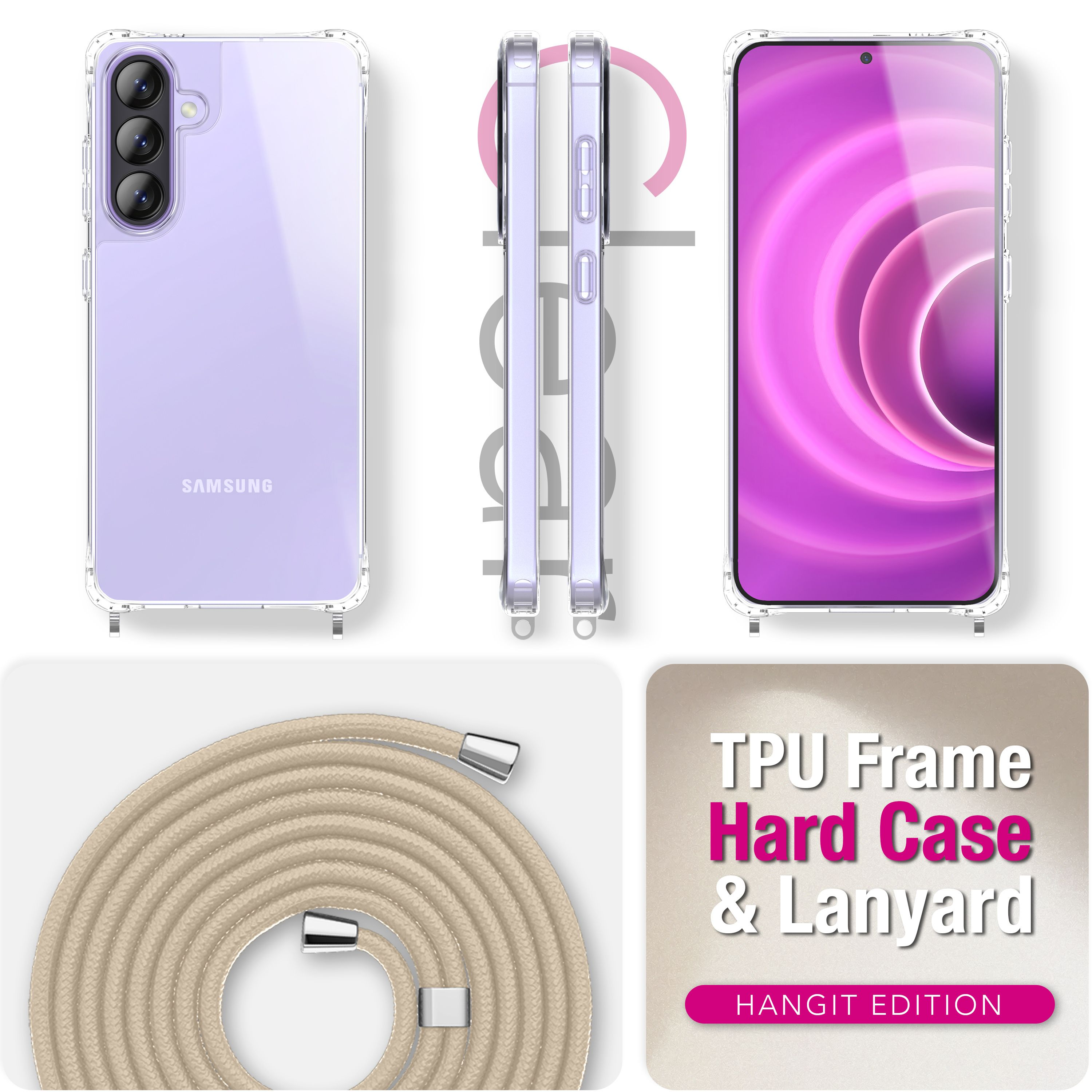 Transparente Hülle mit Trageband für Samsung-Telefon, Rückseite und Vorderseite.