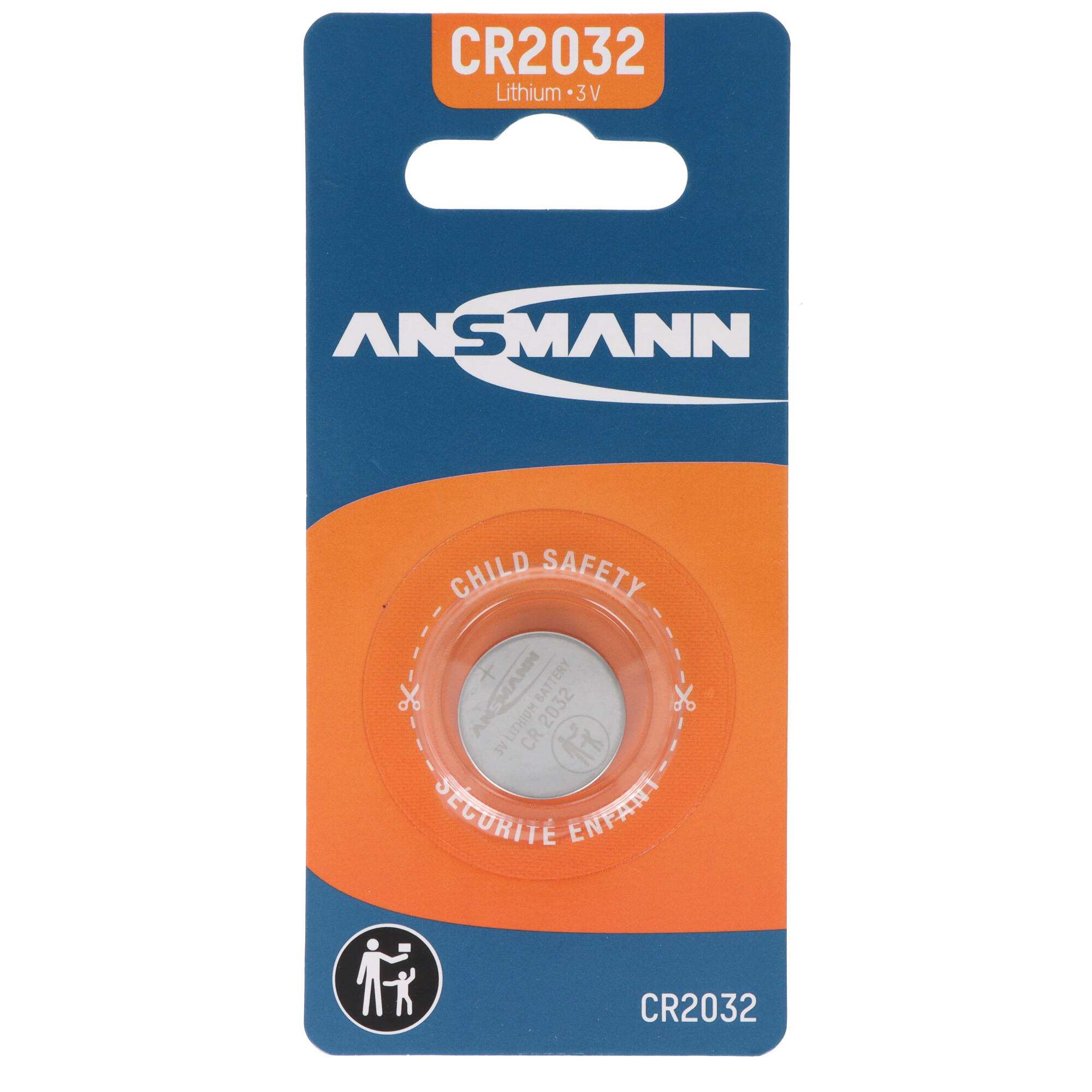 Verpackung einer CR2032 Lithium-Batterie von ANSMANN mit Kindersicherung.