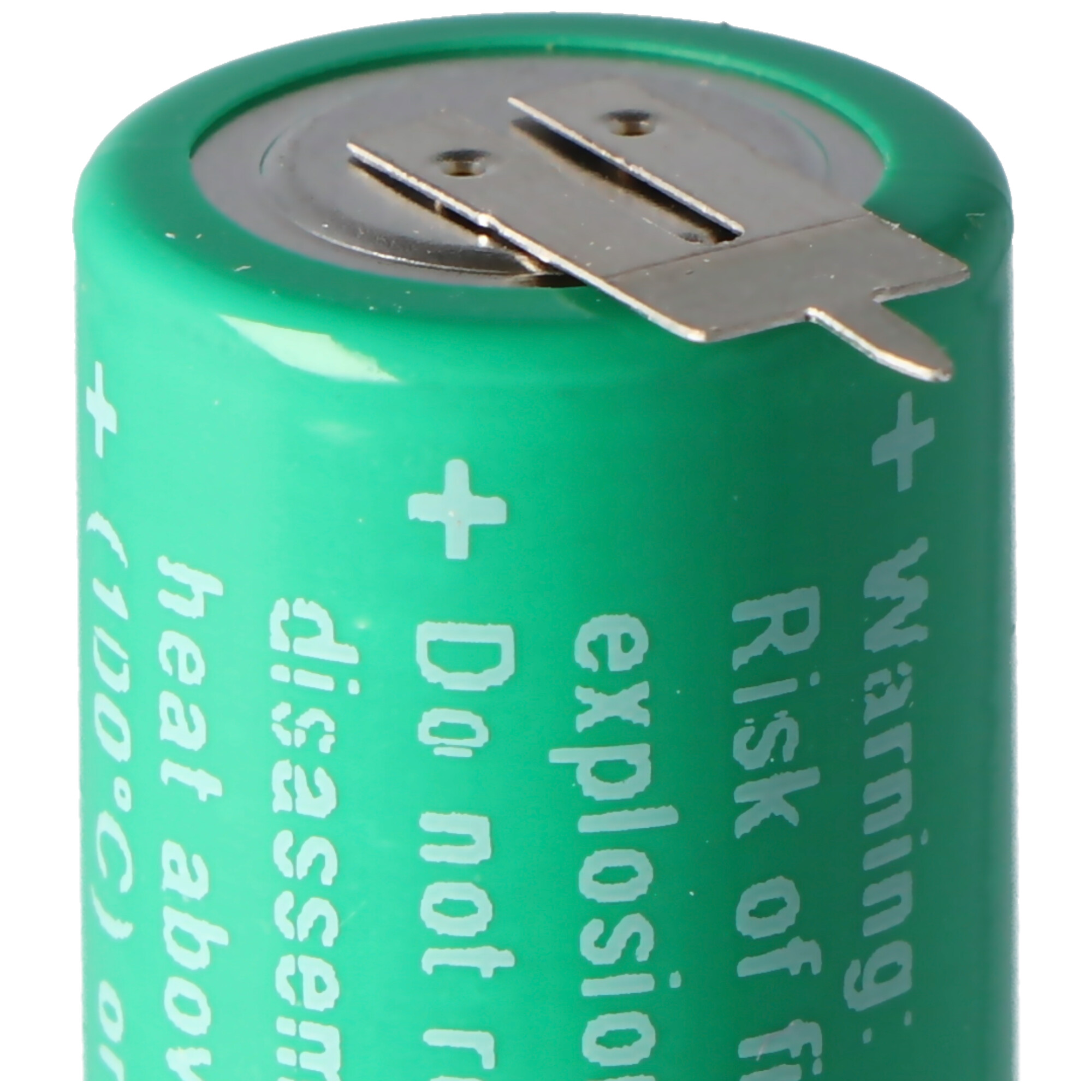 Grüne Batterie mit Warntext: "Brandgefahr, Explosion. Nicht zerlegen, über 100°C erhitzen."
