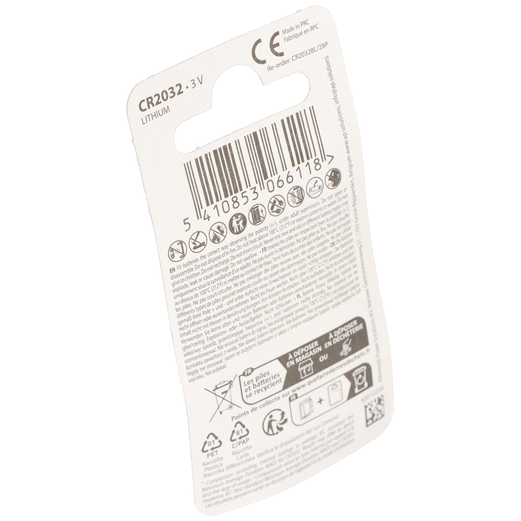 Verpackung für eine CR2032 Lithium-Batterie mit Warnhinweisen und Barcode.