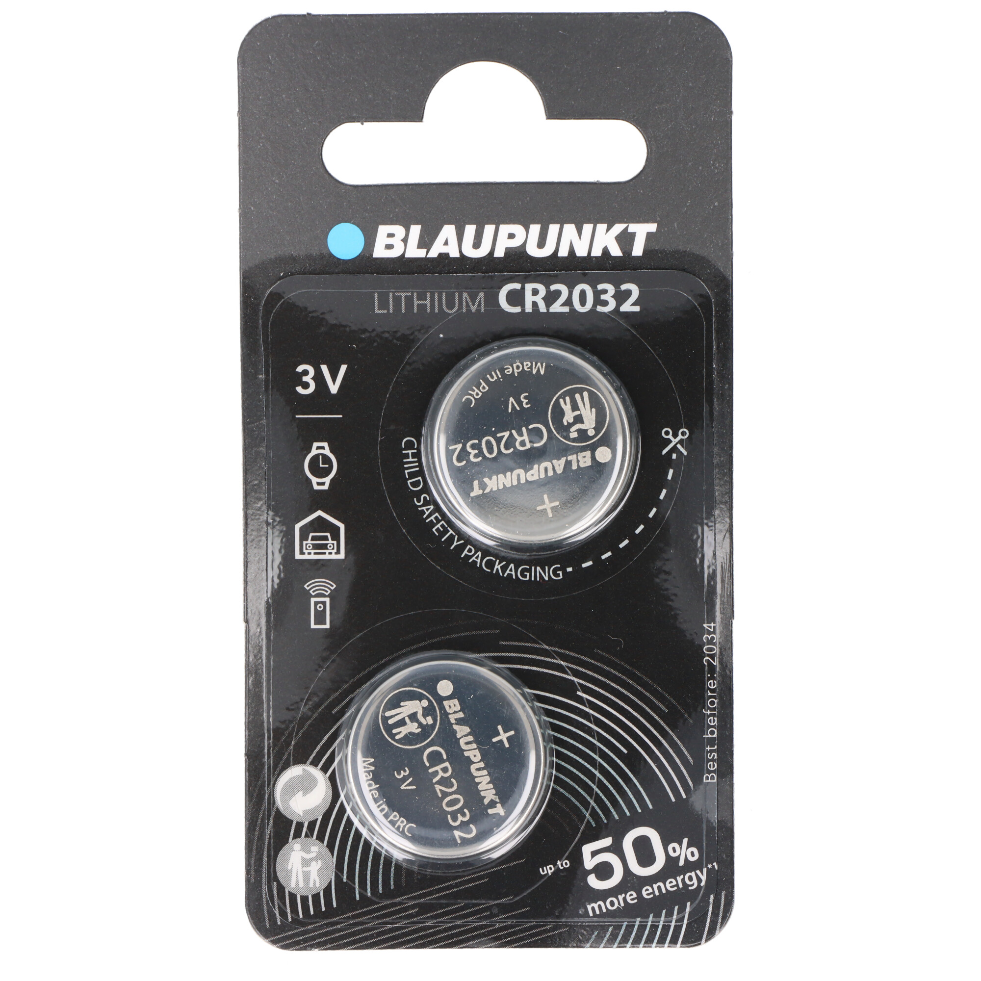Blaupunkt Lithium CR2032 Batterien in Blisterpackung, 3V, bis 2034 haltbar.