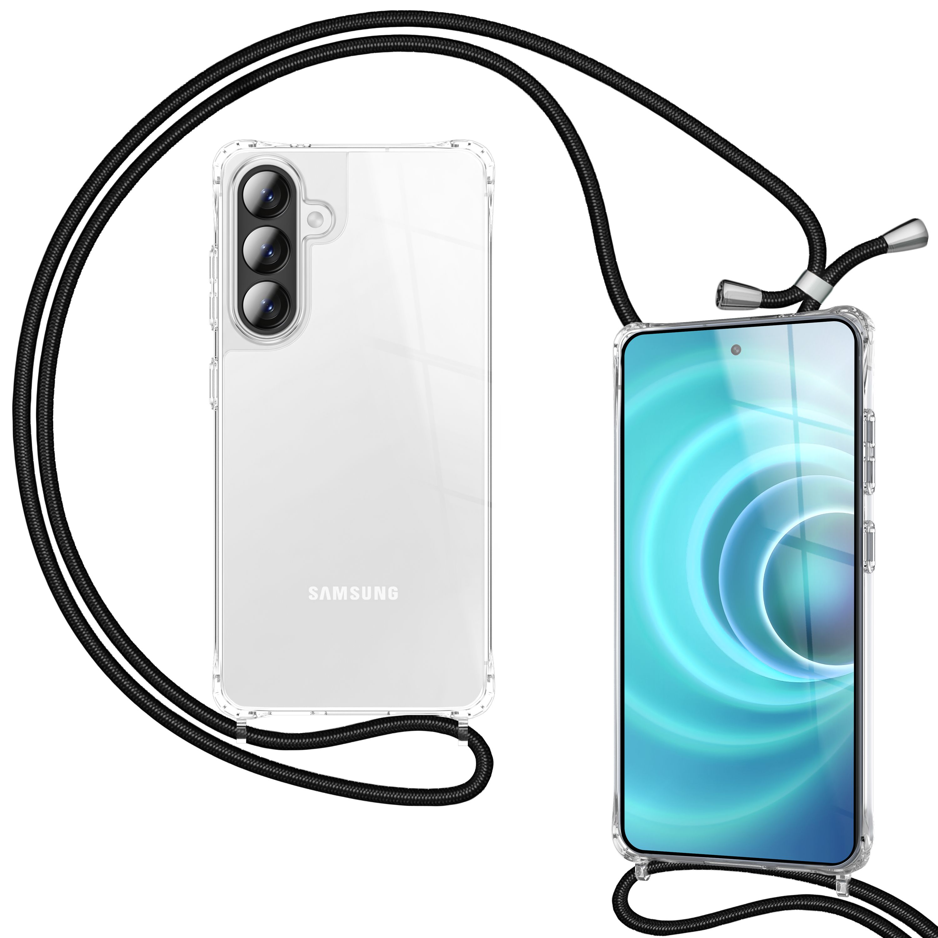 Ein durchsichtiges Samsung-Handy mit schwarzer Lanyard-Halterung.