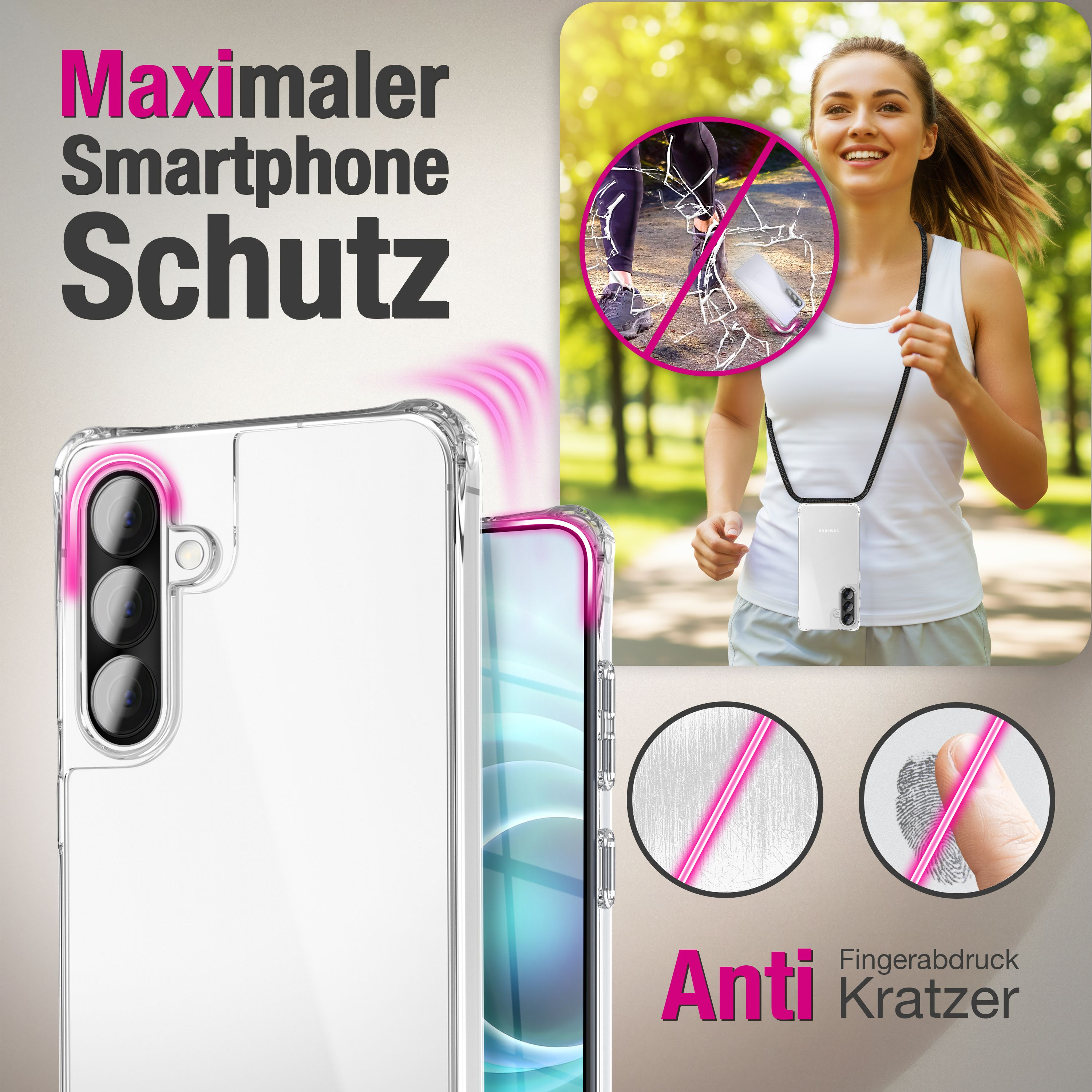 Ein transparentes Handycase, das maximalen Schutz bietet. Eine Frau rennt im Freien.