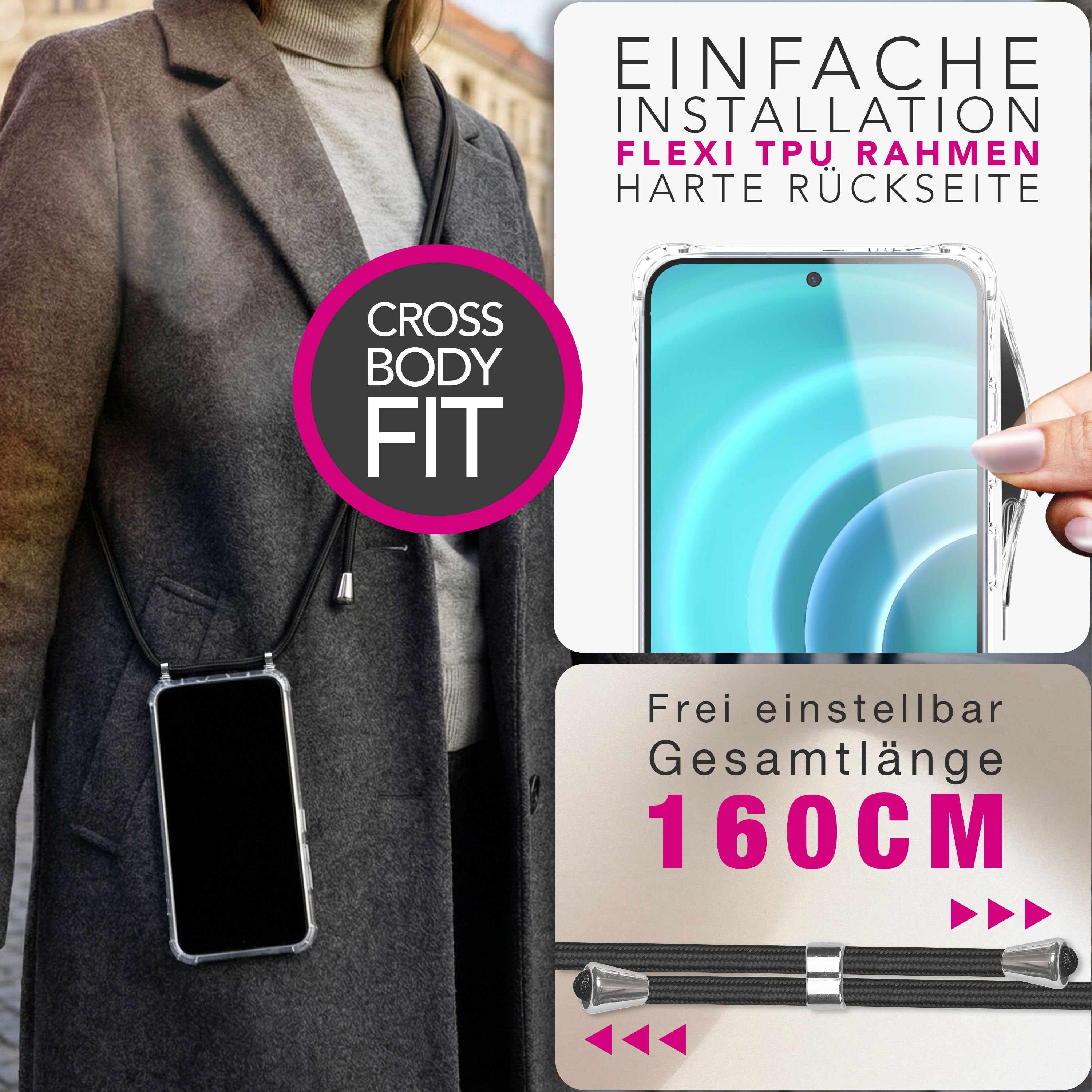 Grauer Mantel, Handy mit Trageband, Text über Installation und Länge.