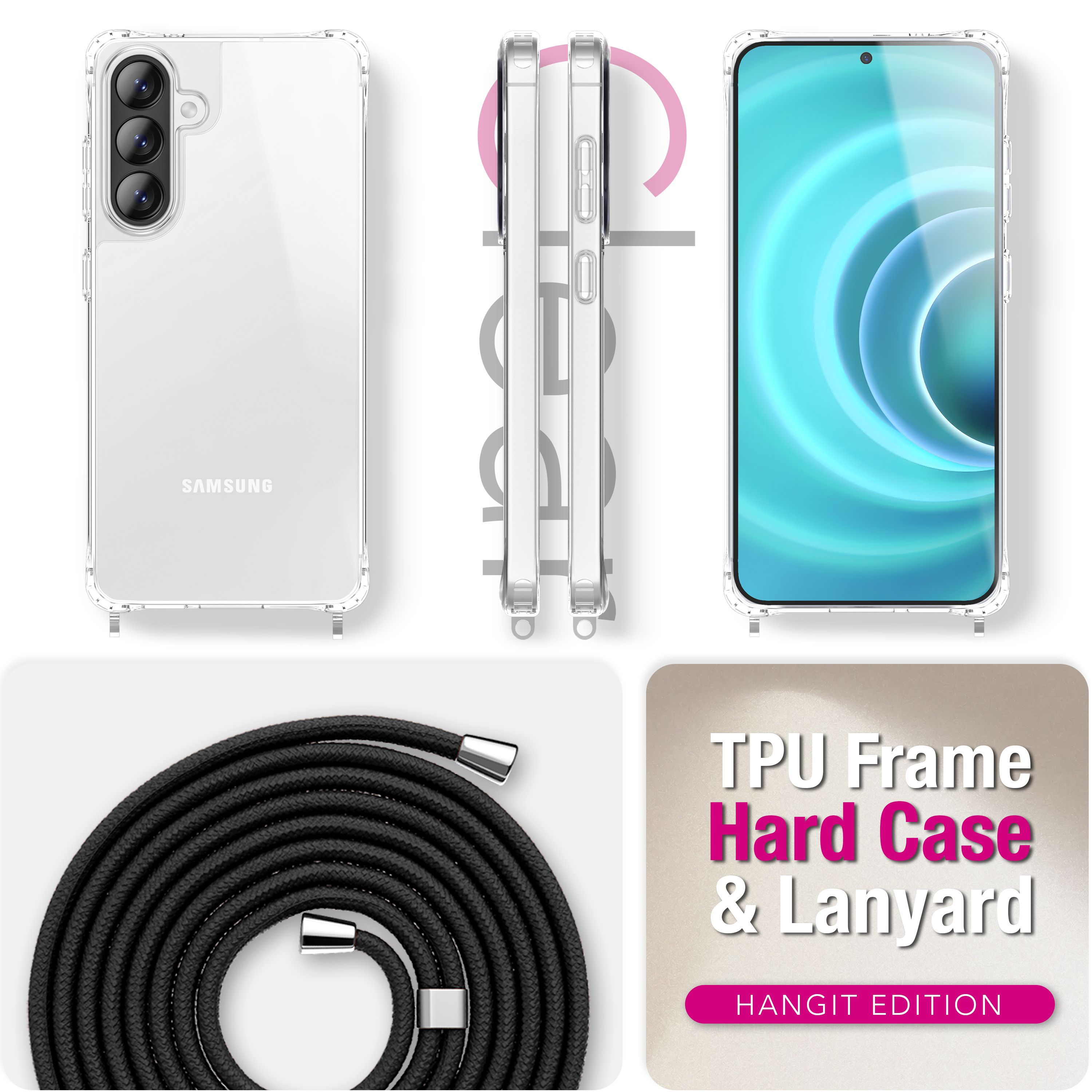 Transparente Hülle mit drei Kameras, schwarze Lanyard-Schnur und ein Telefon mit blauem Hintergrund.
