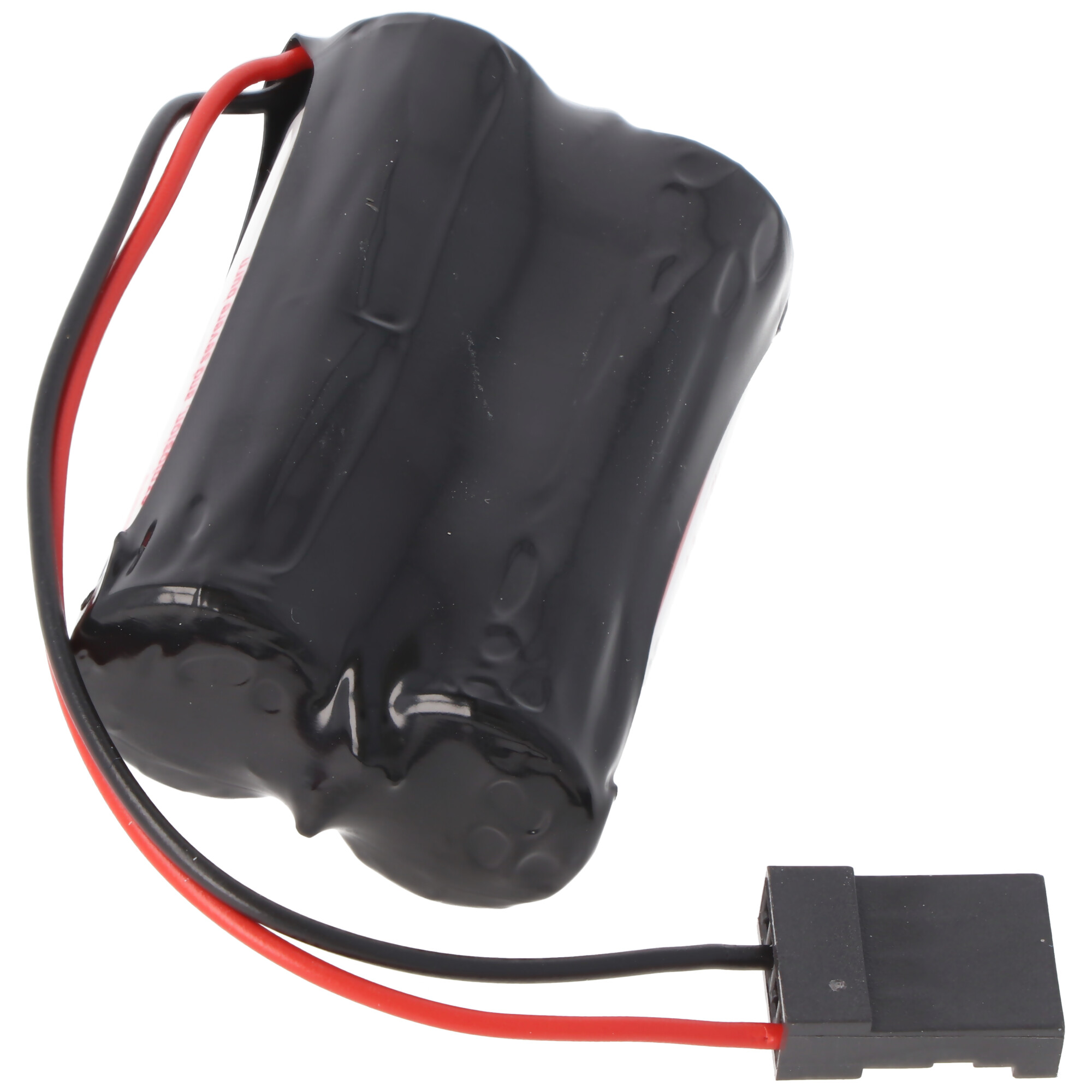 Schwarzer Akku mit roten und schwarzen Kabeln und einem schwarzen Stecker.