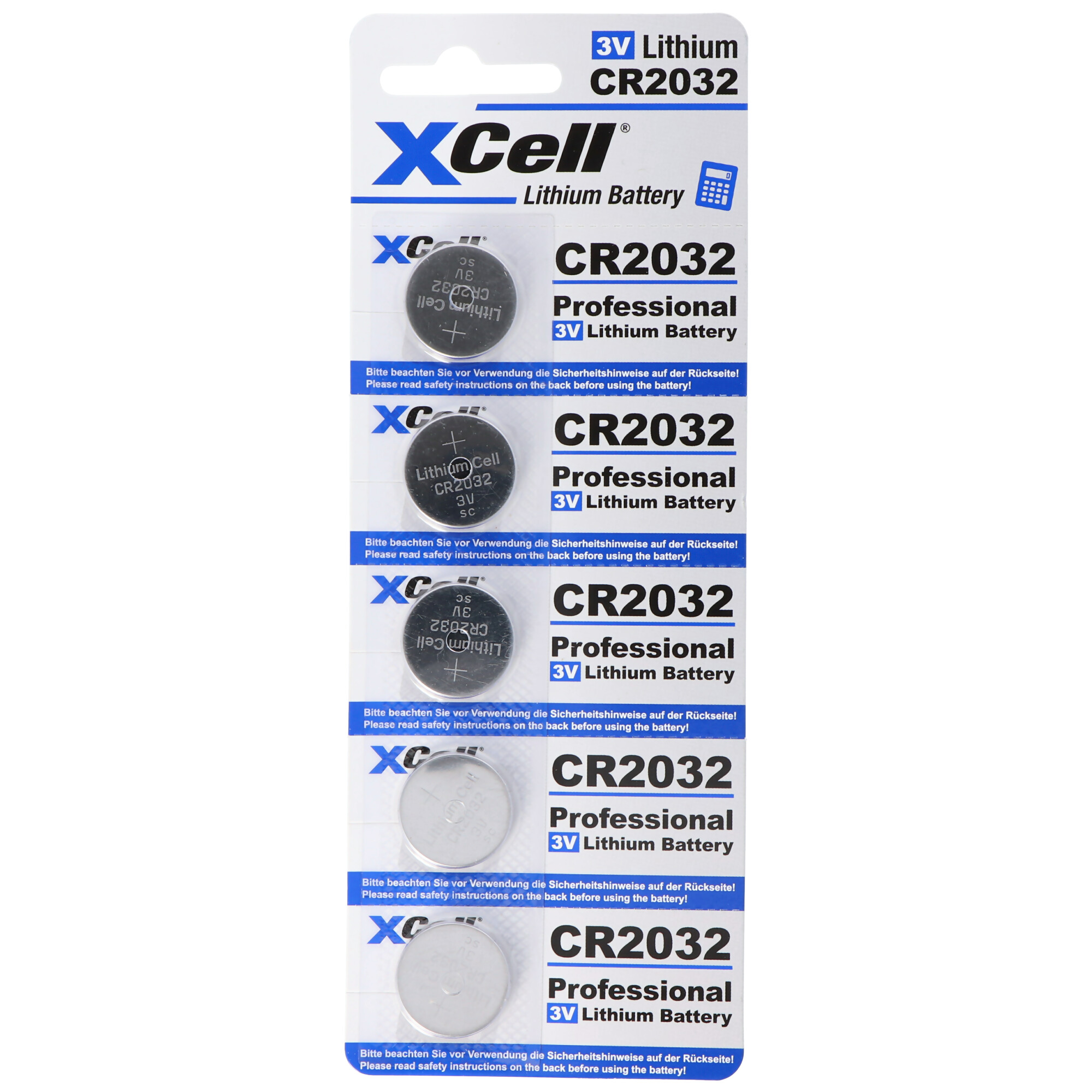 Verpackung mit fünf XCell CR2032 Lithium-Knopfzellenbatterien.