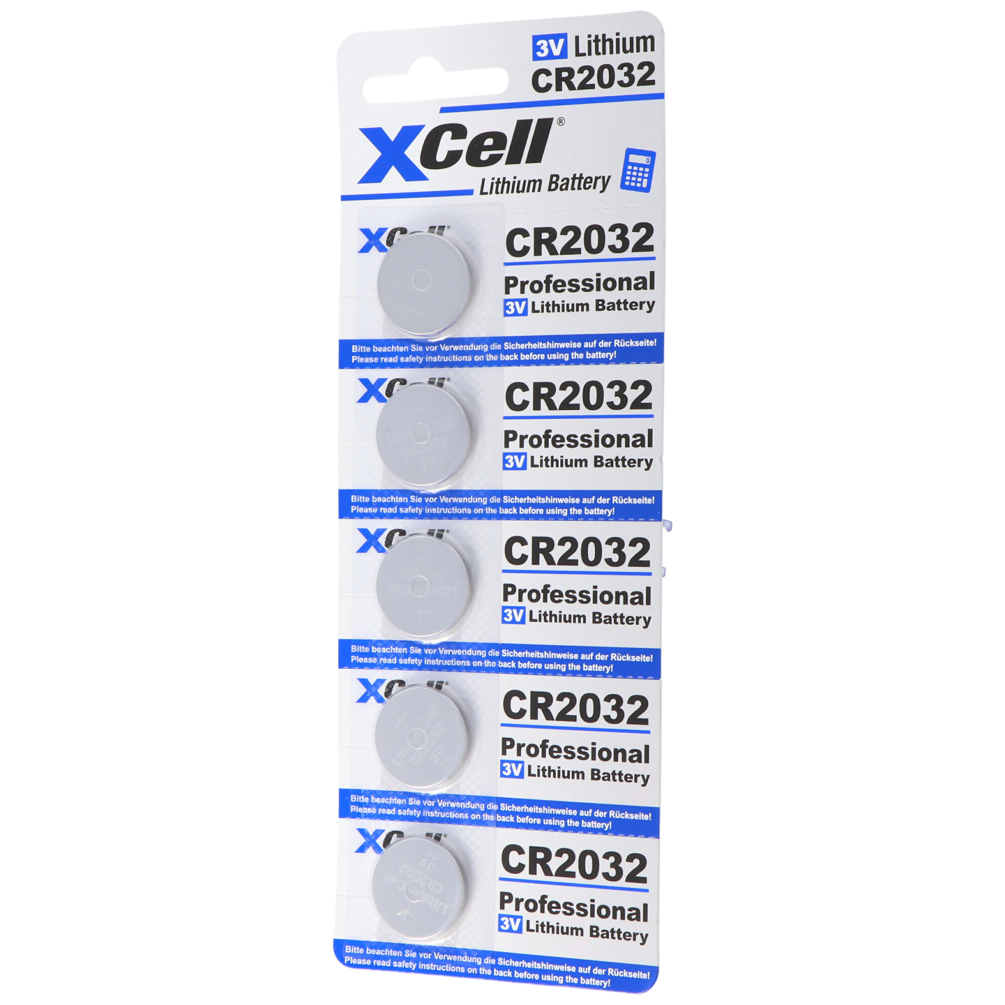 Verpackung mit fünf XCell CR2032 Lithium-Batterien, silberfarben.
