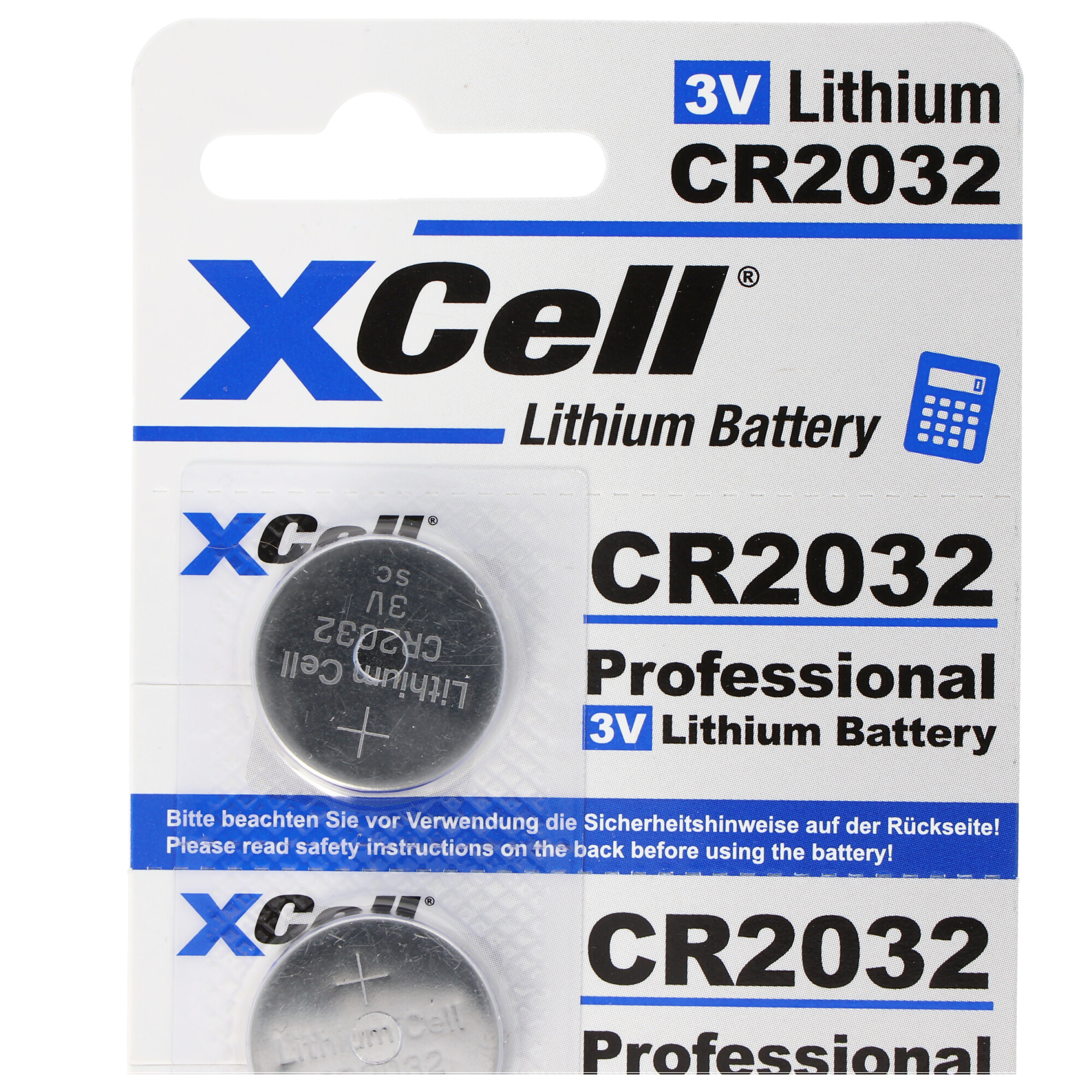 Verpackung mit zwei XCell CR2032 3V Lithium-Knopfzellenbatterien