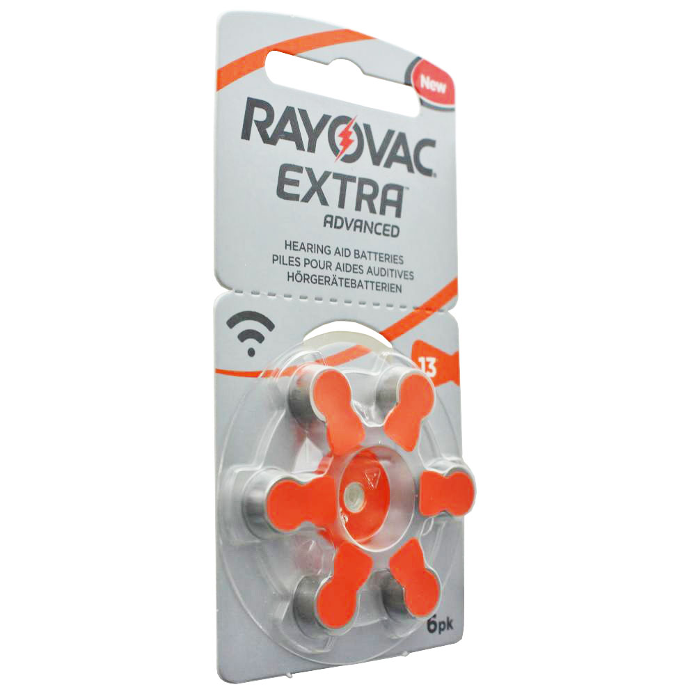 Verpackung mit Rayovac Extra Hörgerätebatterien, 6 Stück, Typ 13.