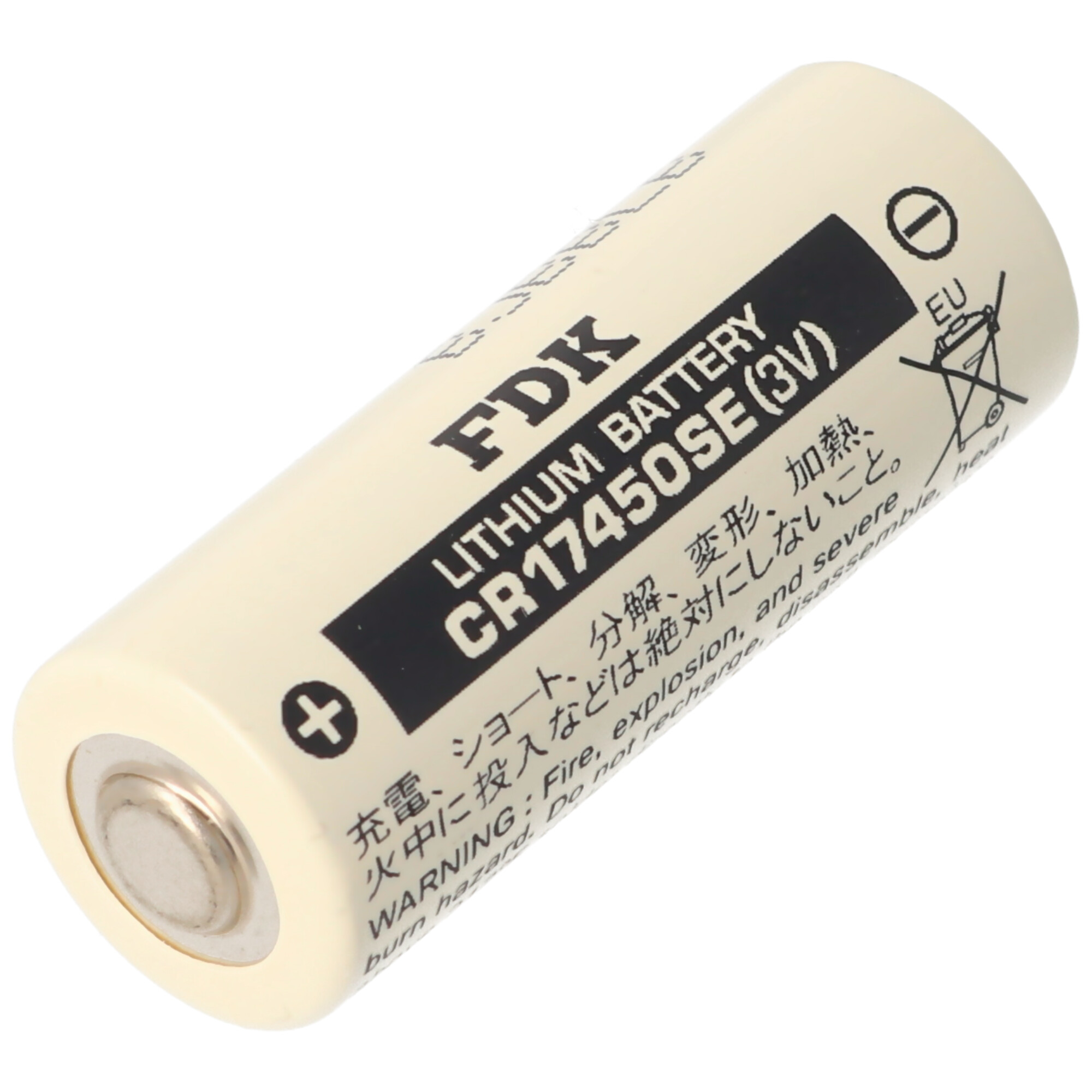 Una batteria al litio bianca FDK CR17450SE (3V) con simboli e testo di avvertimento.
