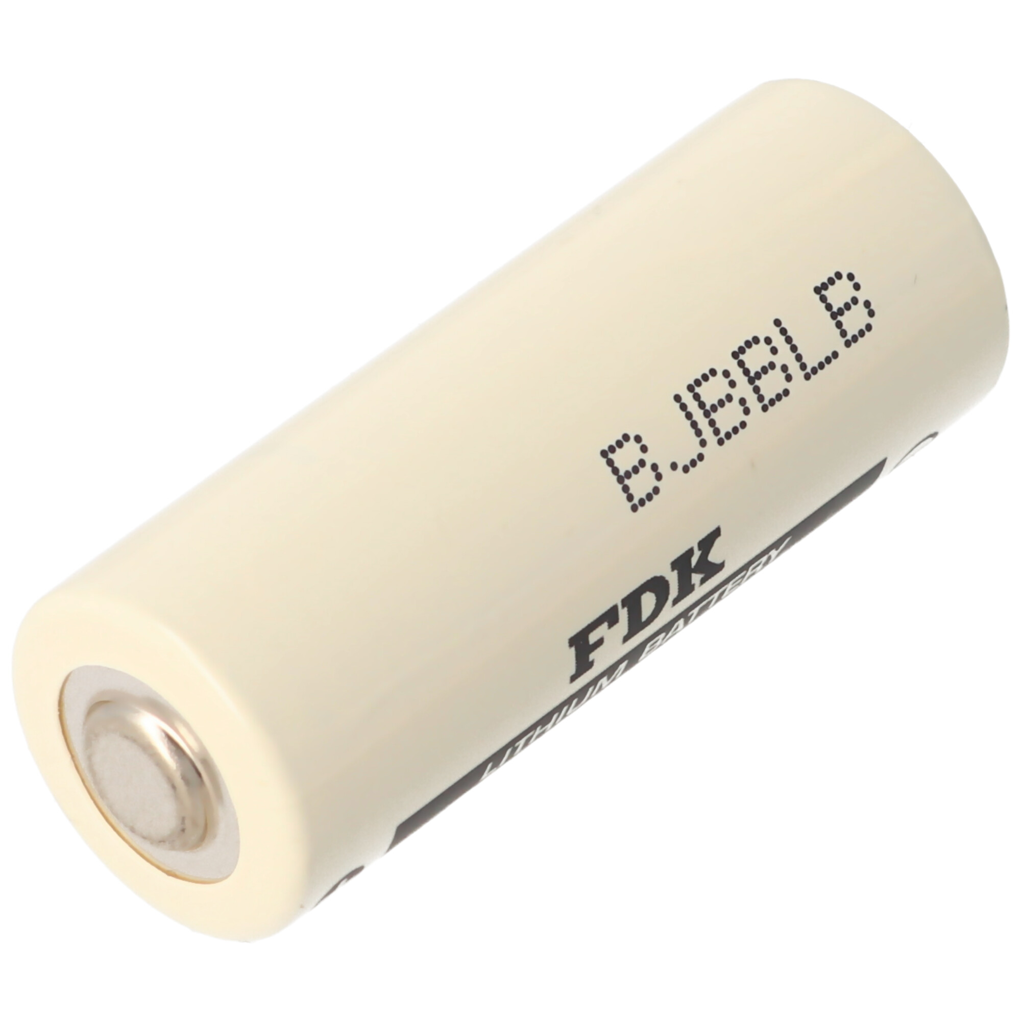 Una batteria al litio color crema con scritte nere.