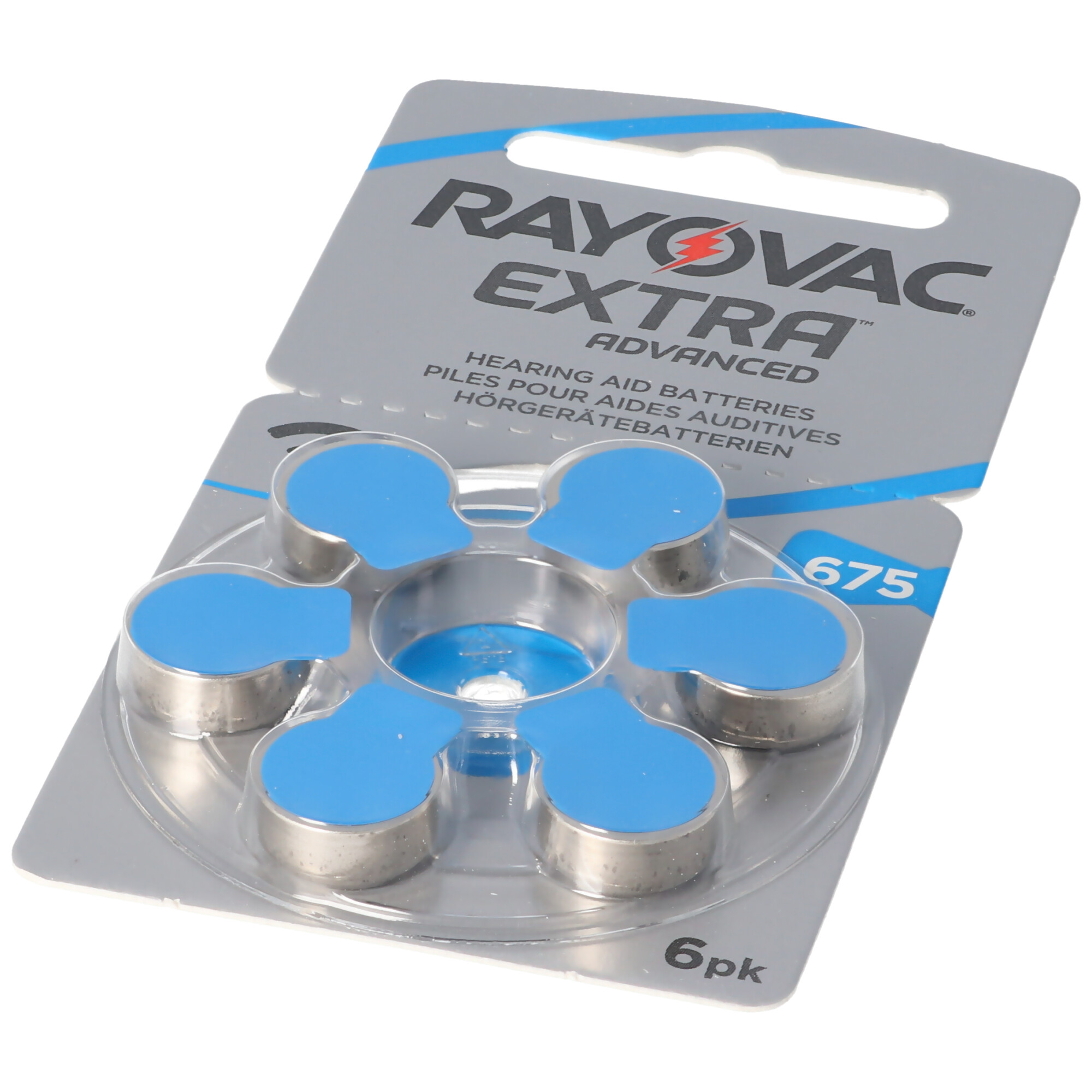 Rayovac Extra Advanced Hörgerätebatterien, Größe 675, 6er-Packung in Blisterverpackung.