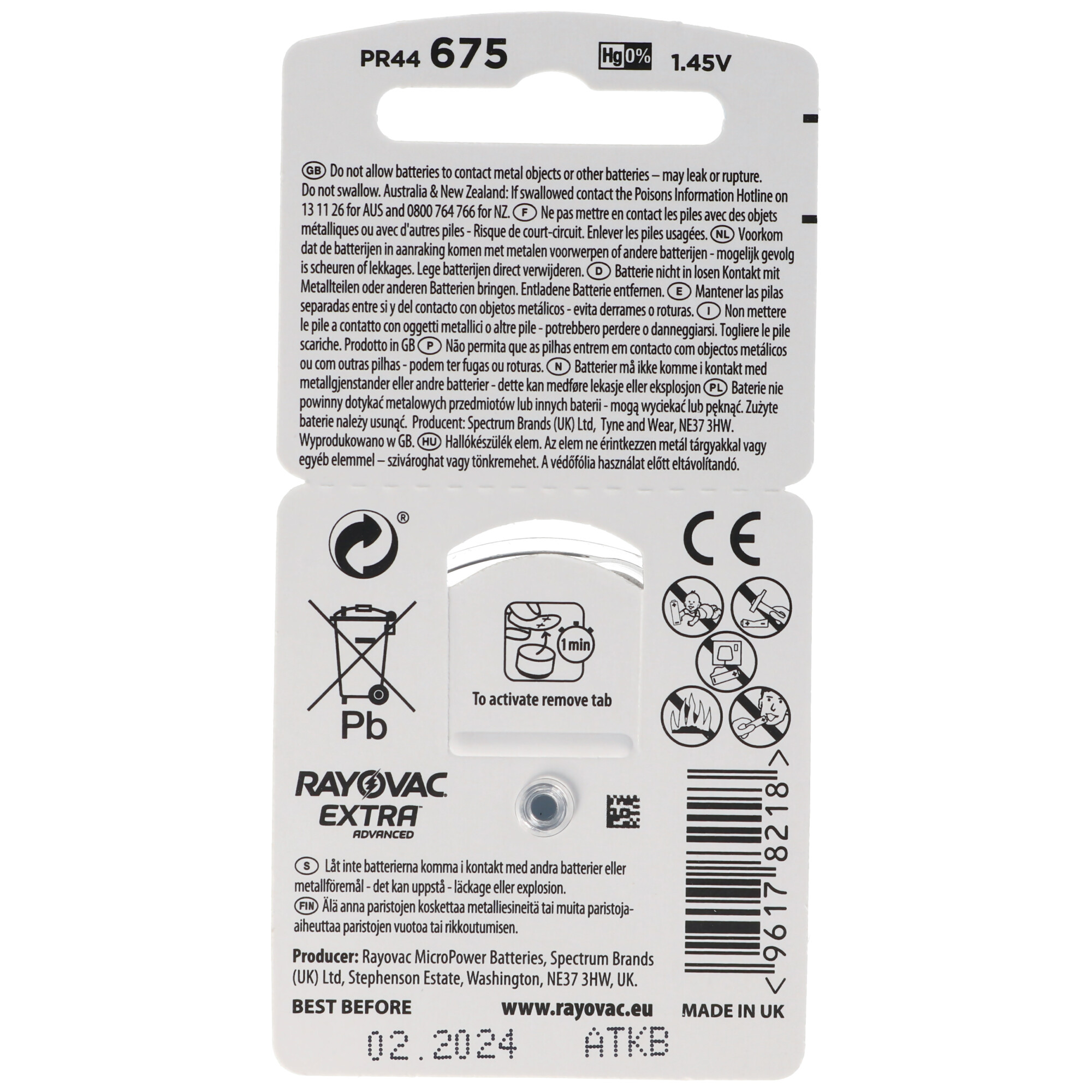 Rayovac PR44 675 Hörgerätebatterie, Hg 0%, 1,45V, mit Warnhinweisen.