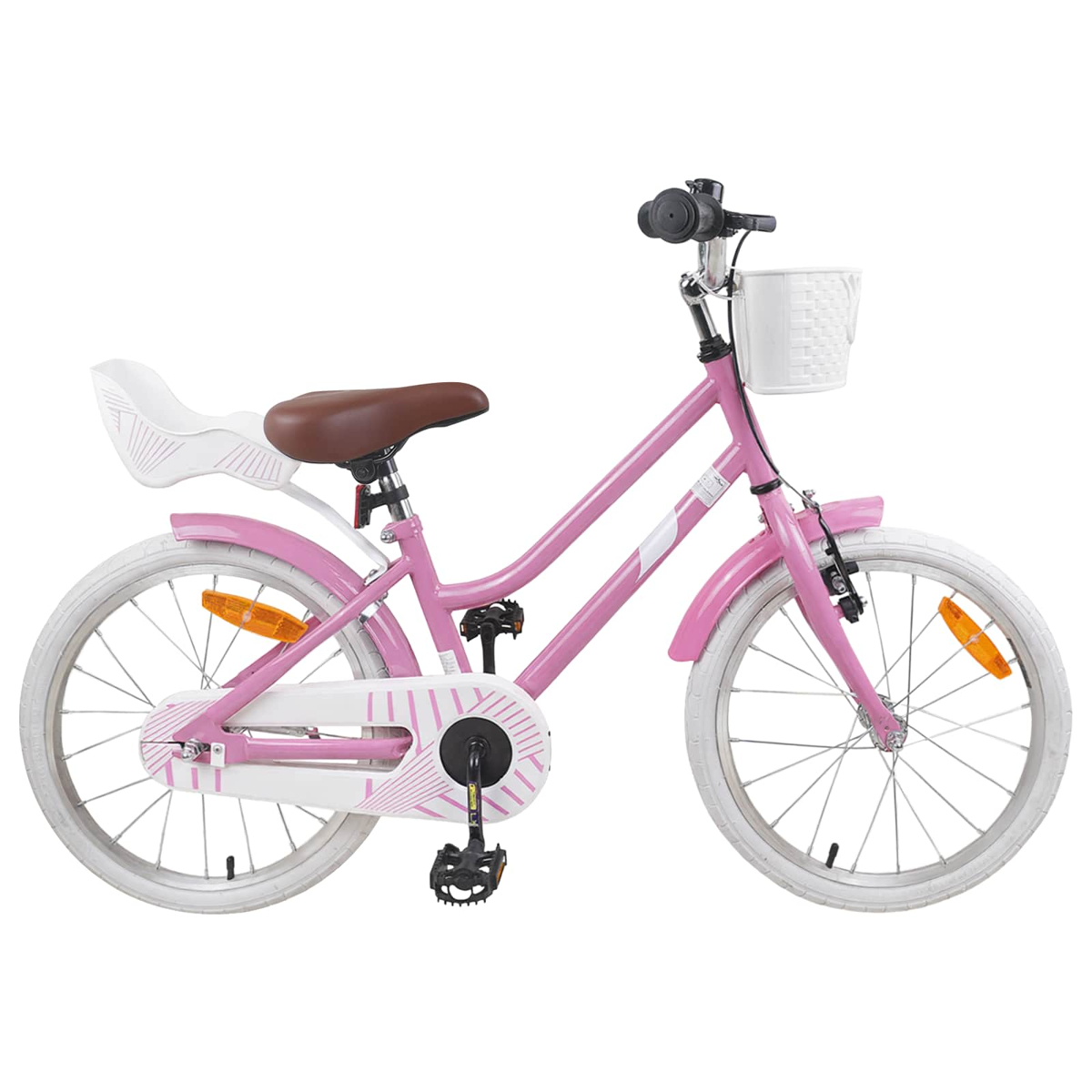 Rosa Fahrrad mit weißen Rädern, braunem Sitz und weißem Korb am Lenker.