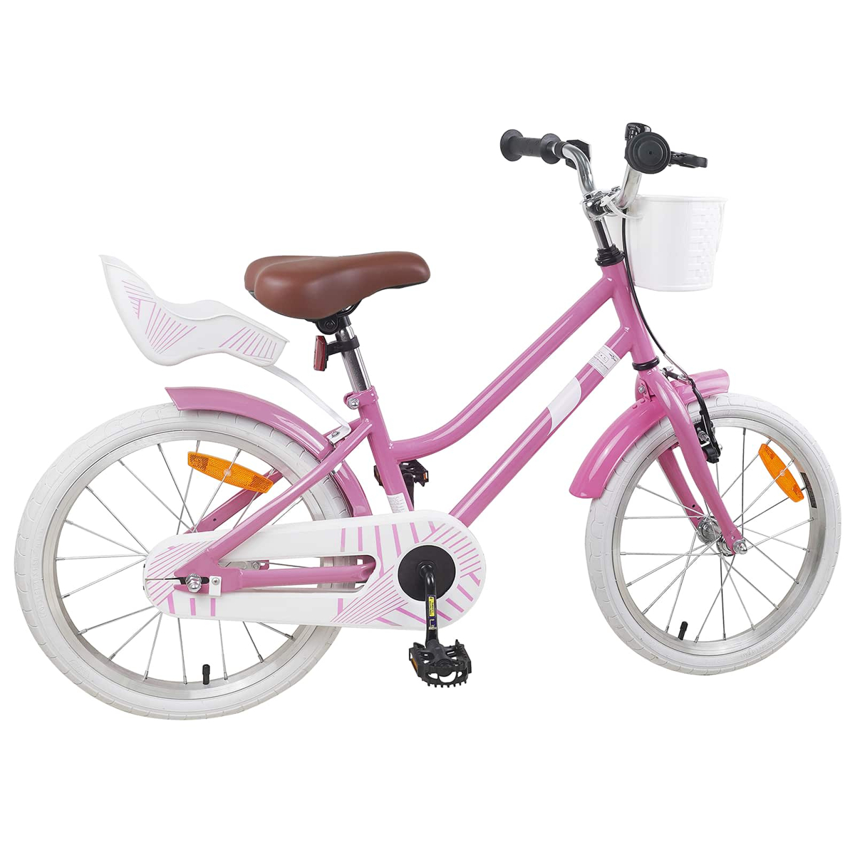 Ein pinkes Kinderfahrrad mit weißen Reifen, braunem Sattel und weißem Korb.