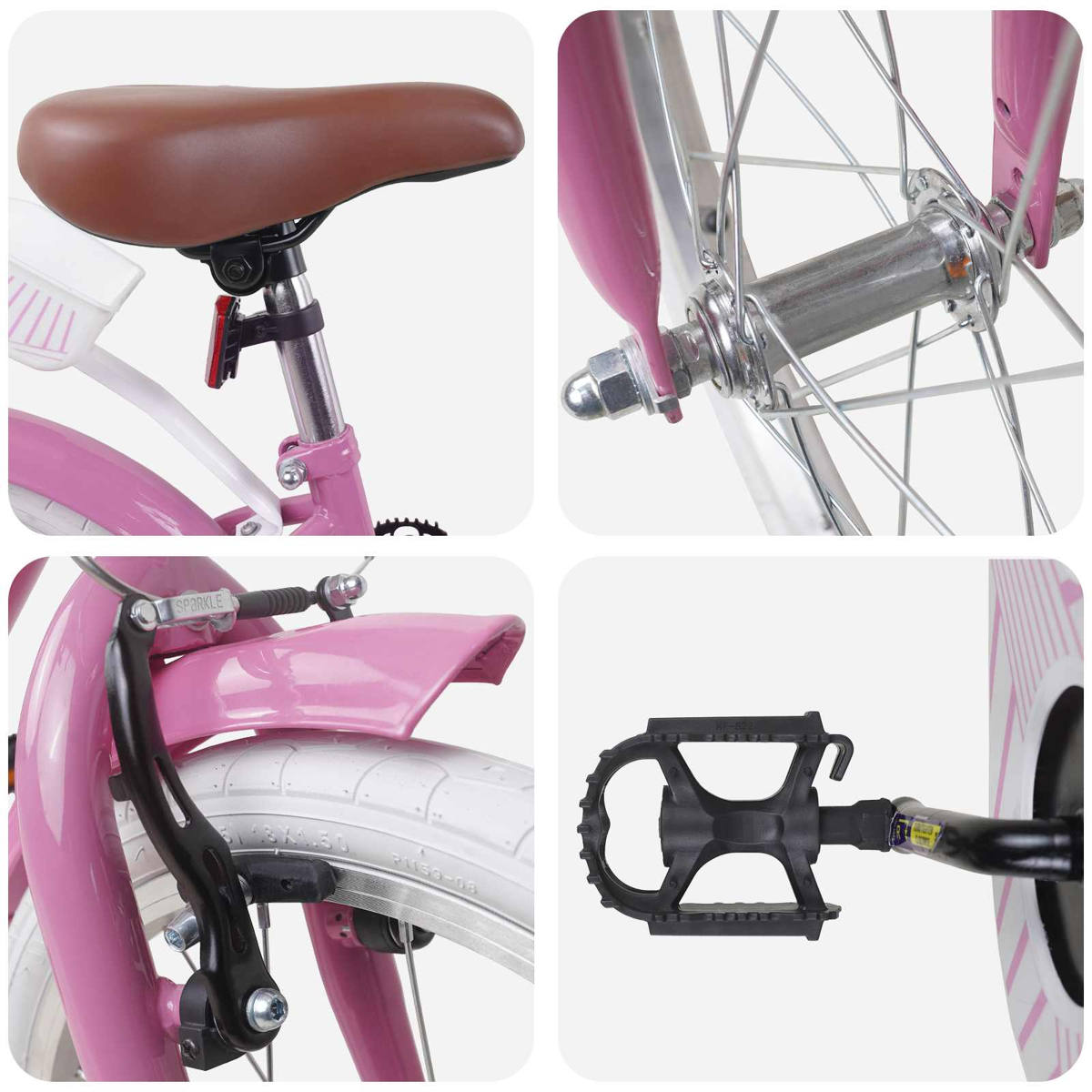 Nahaufnahme eines rosa Kinderfahrrads: Sattel, Vorderradnabe, Bremse und Pedal.