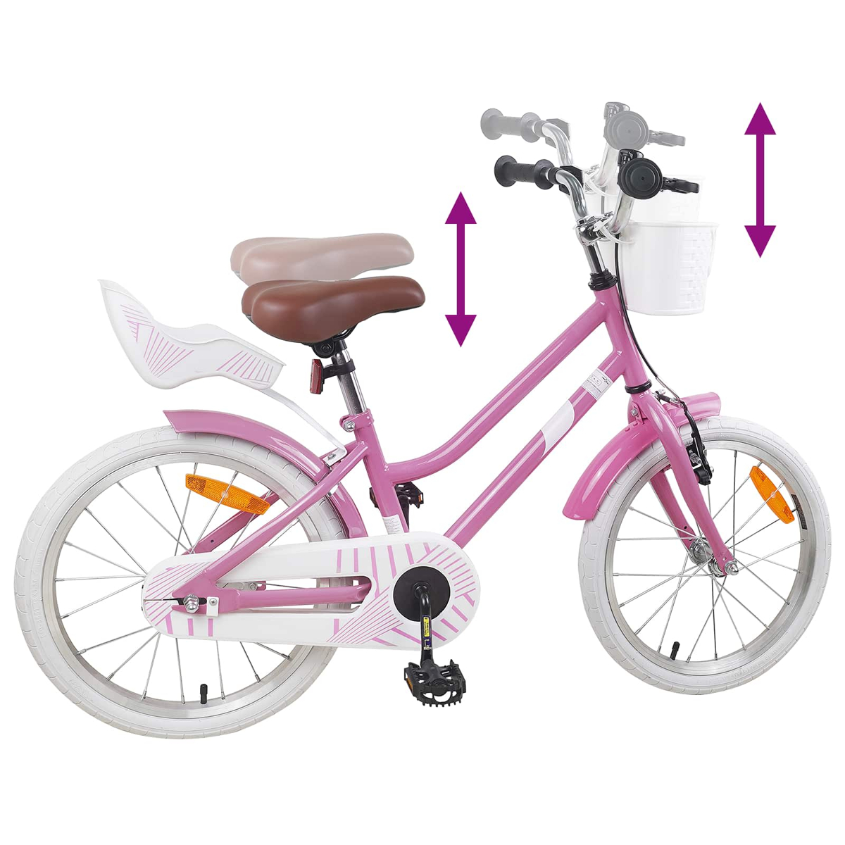 Ein rosa Kinderfahrrad mit weißer Vorder- und Hinterradabdeckung.