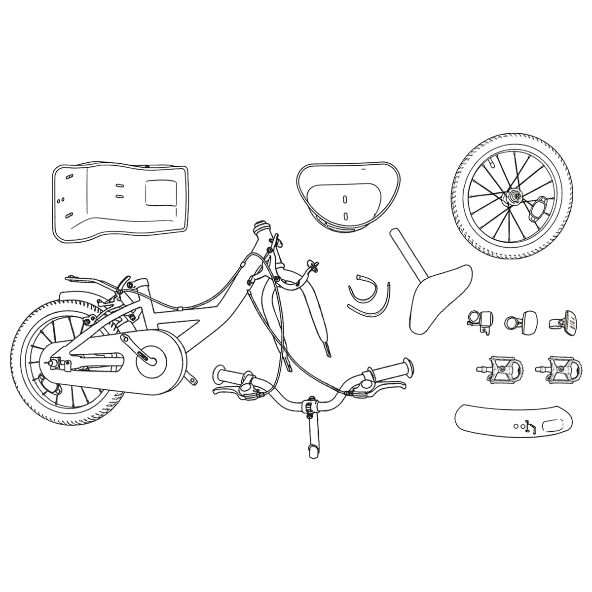 Eine Fahrradzeichnung zeigt zerlegte Teile: Rahmen, Rad, Sattel, Lenker, Pedale, Korb.