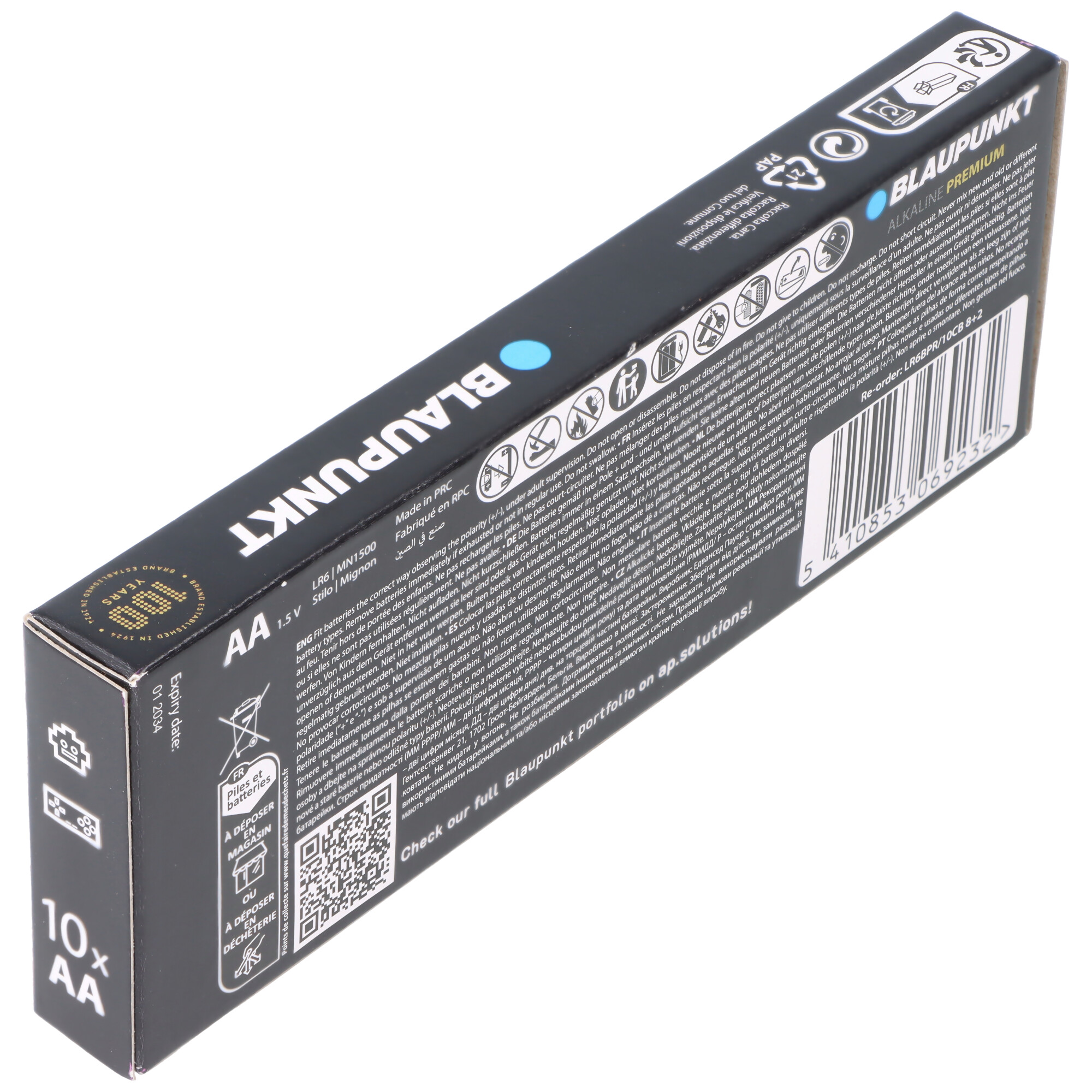 Packung mit 10 AA-Batterien von Blaupunkt. Enthält Warnhinweise und QR-Code.