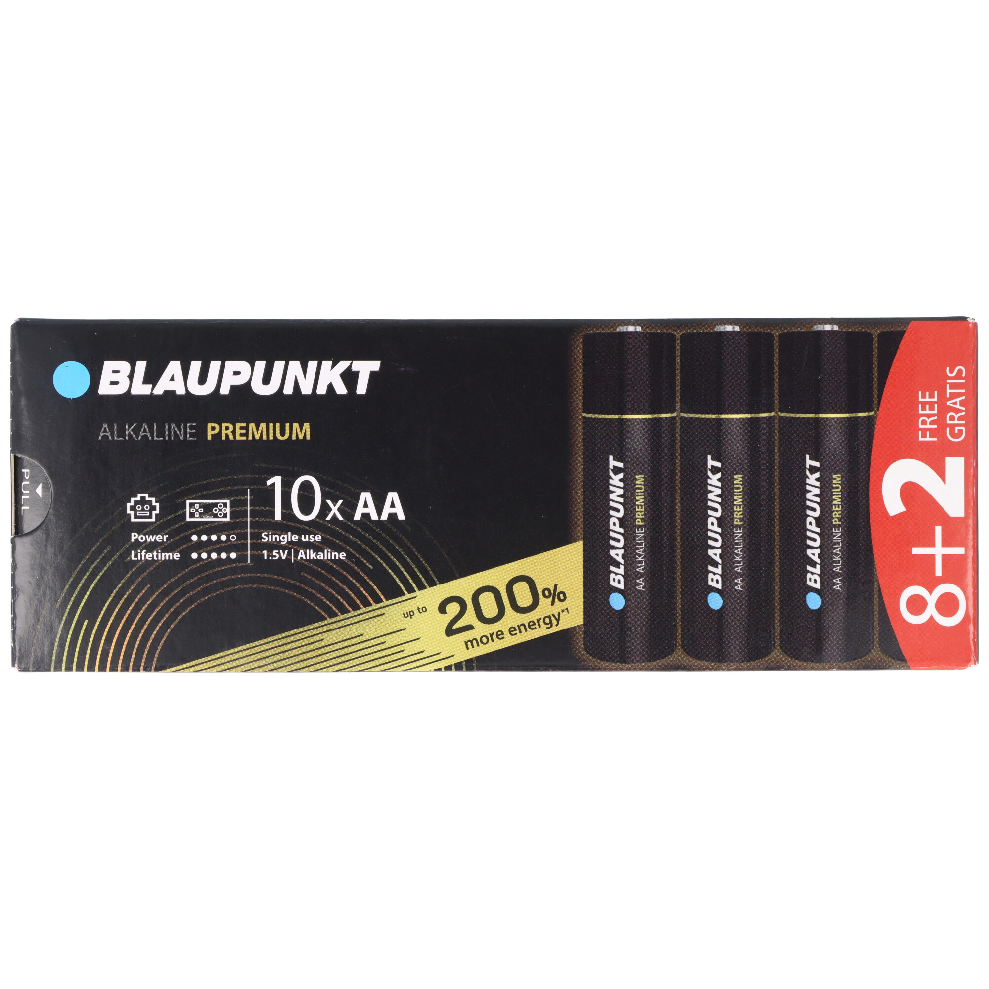 Packung mit 10 Blaupunkt AA Alkaline Premium Batterien, 8+2 gratis. Bietet 200% mehr Energie.