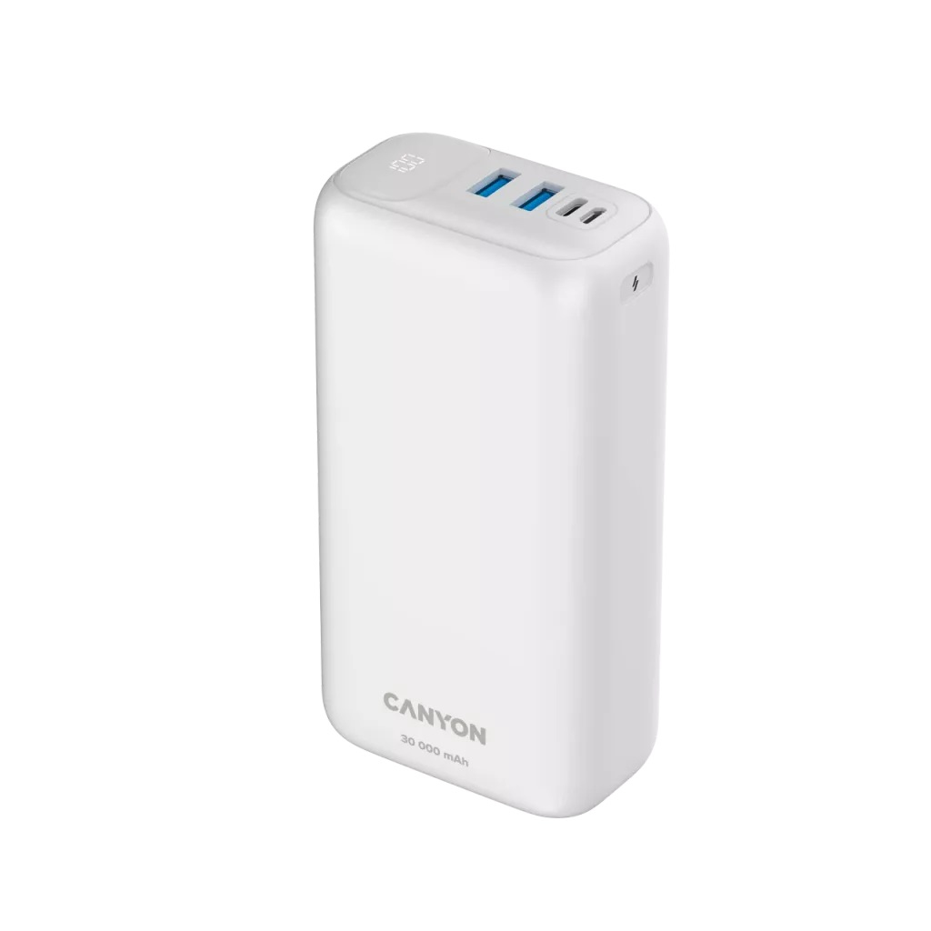 Biały power bank Canyon 30 000 mAh z cyfrowym wyświetlaczem.
