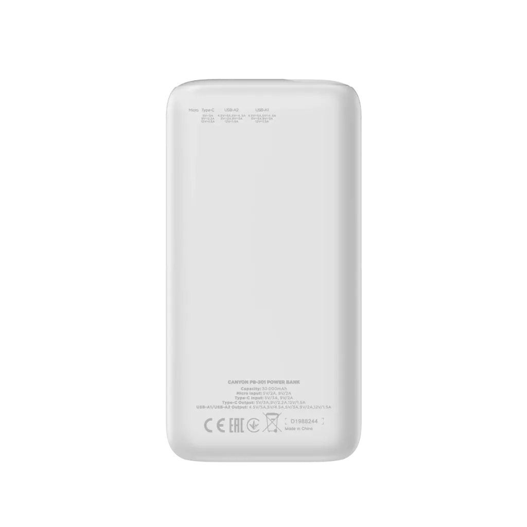 Biały power bank Canyon z etykietami i oznaczeniem CE.