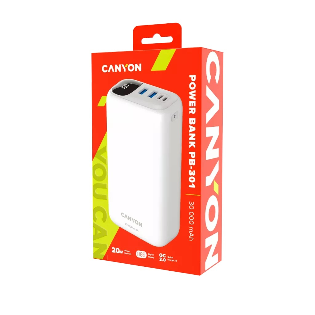 Biały power bank 30 000 mAh na pomarańczowym opakowaniu z logo Canyon.